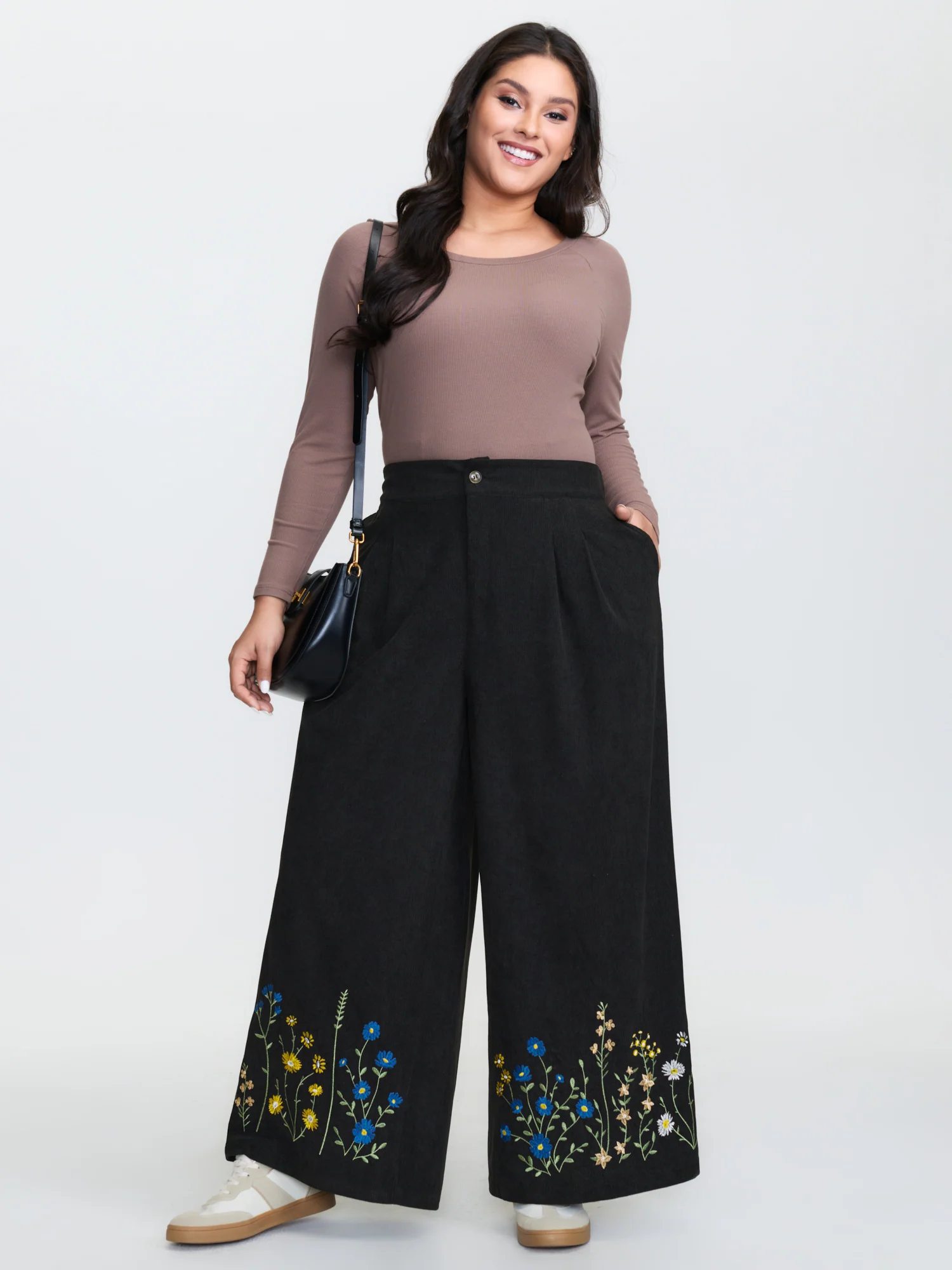 Corduroy Floral Embroidered Hem Wide-Leg Pants