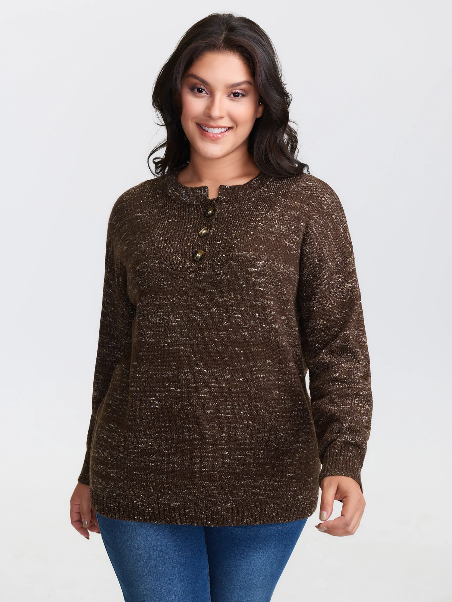 Heather Textured Button Neck Pullover