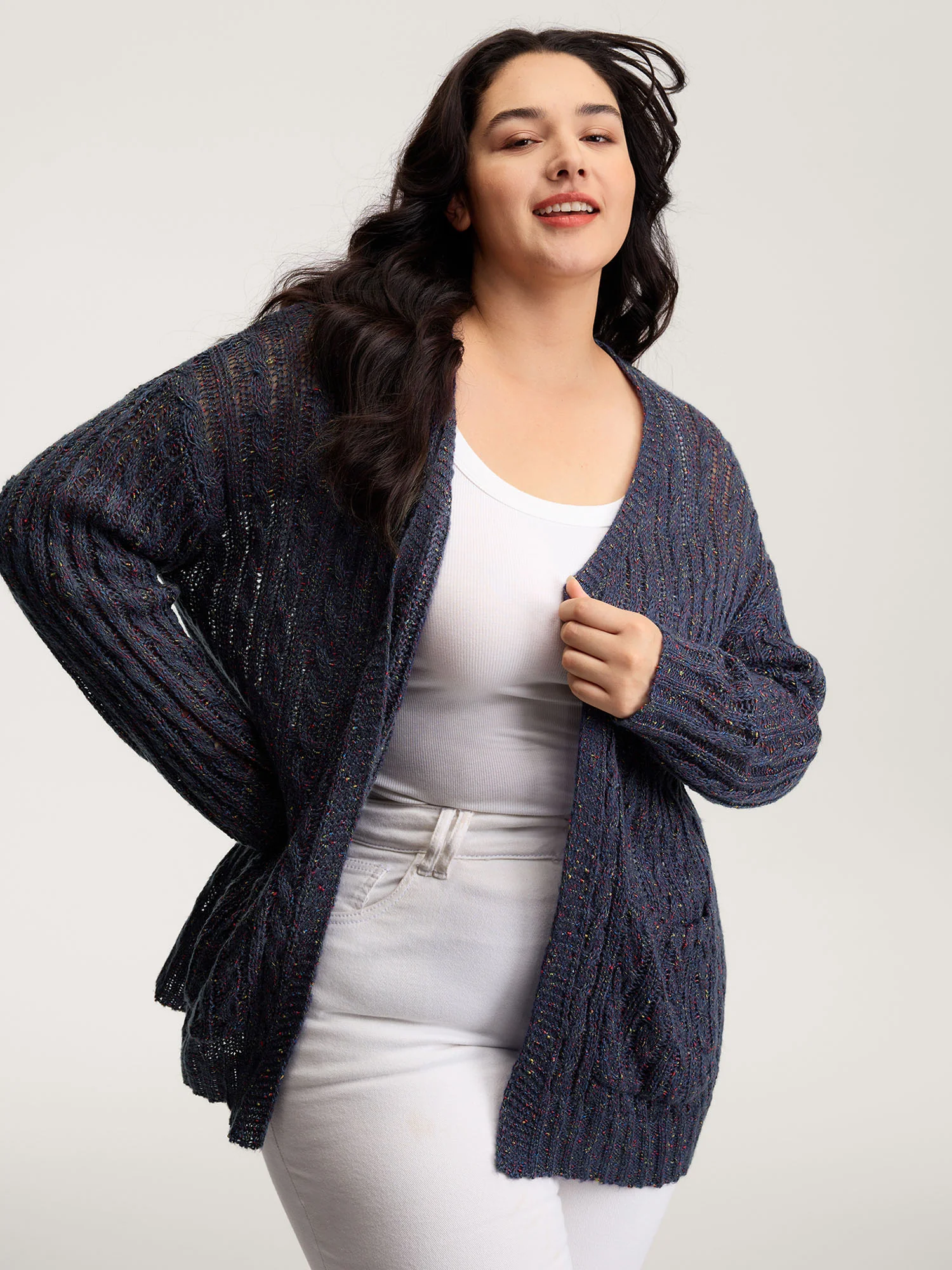 Textured Heather Pockets Open-Front Cardigan