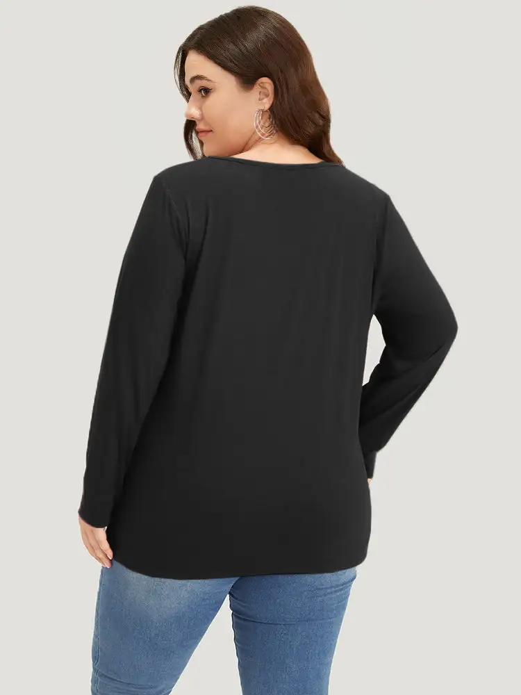 Plain V Neck Line Button Detail T-Shirt