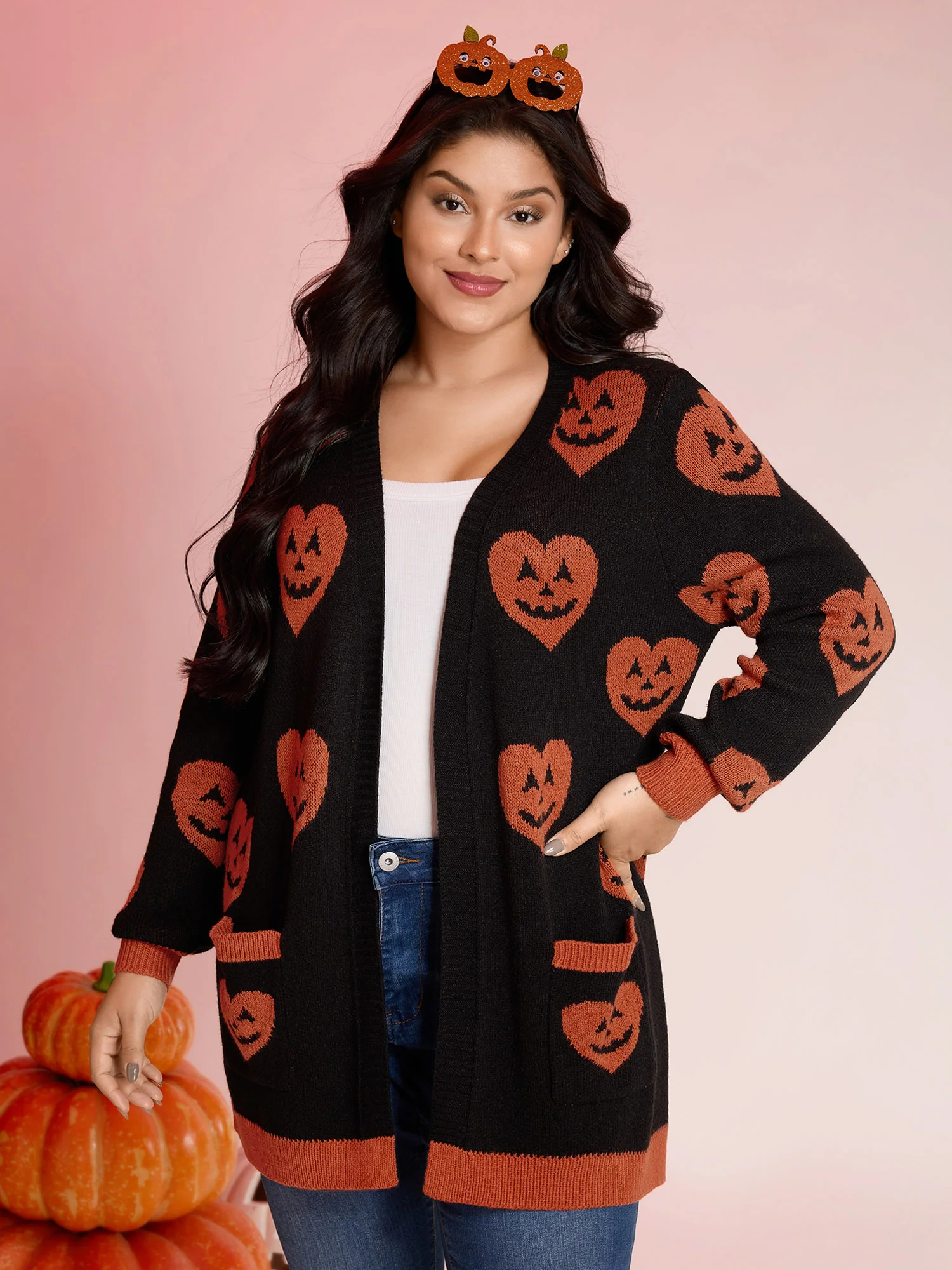 Pumpkin Hearts Halloween Pockets Cardigan