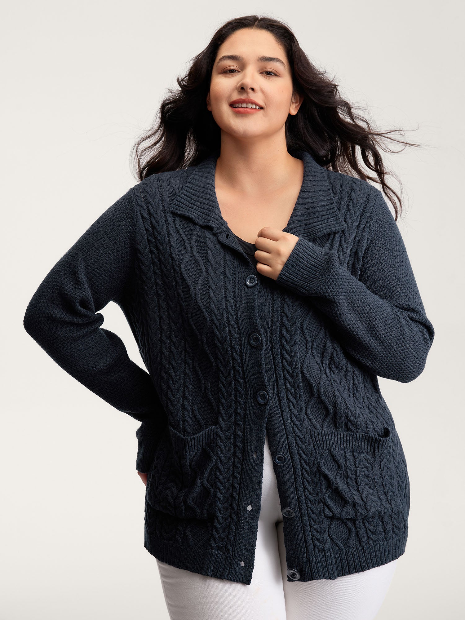 Mixed Texture Cable Stitch Pockets Knit Cardigan