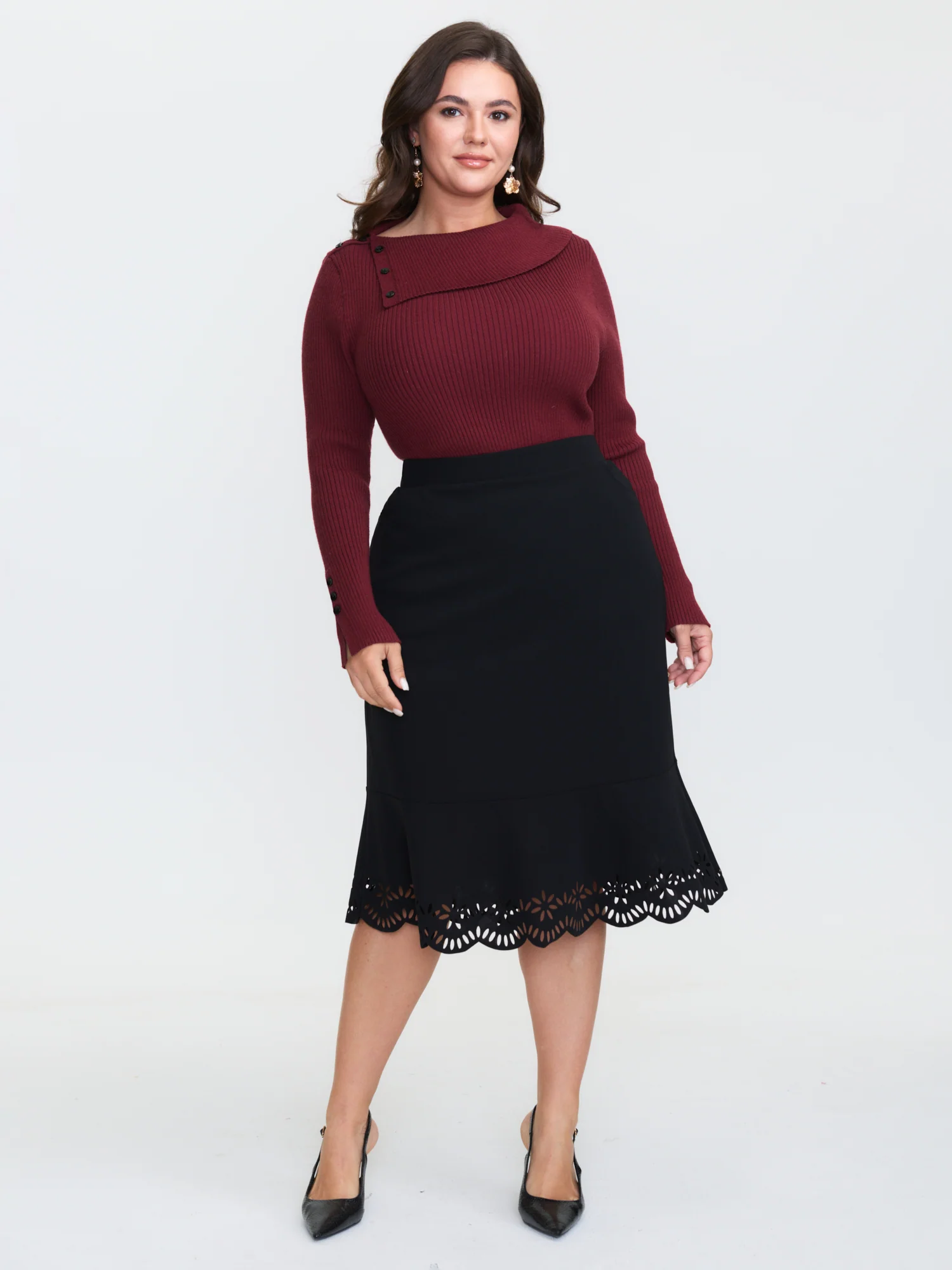 Collar Button Fitted Slit Fitted Pullover