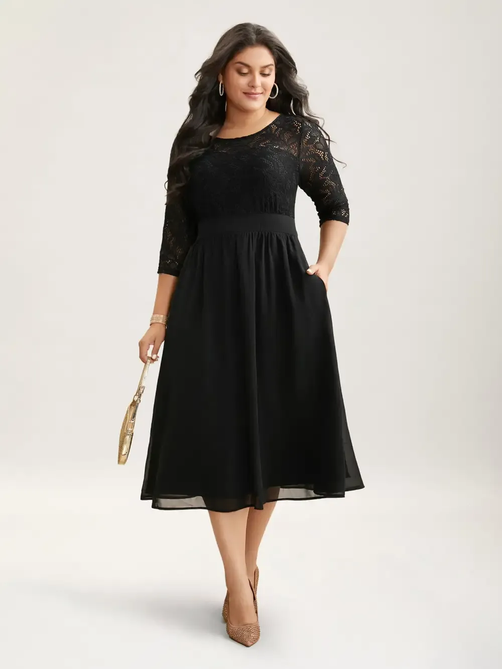 Lace Patchwork Shirred Midi Pocket Dress