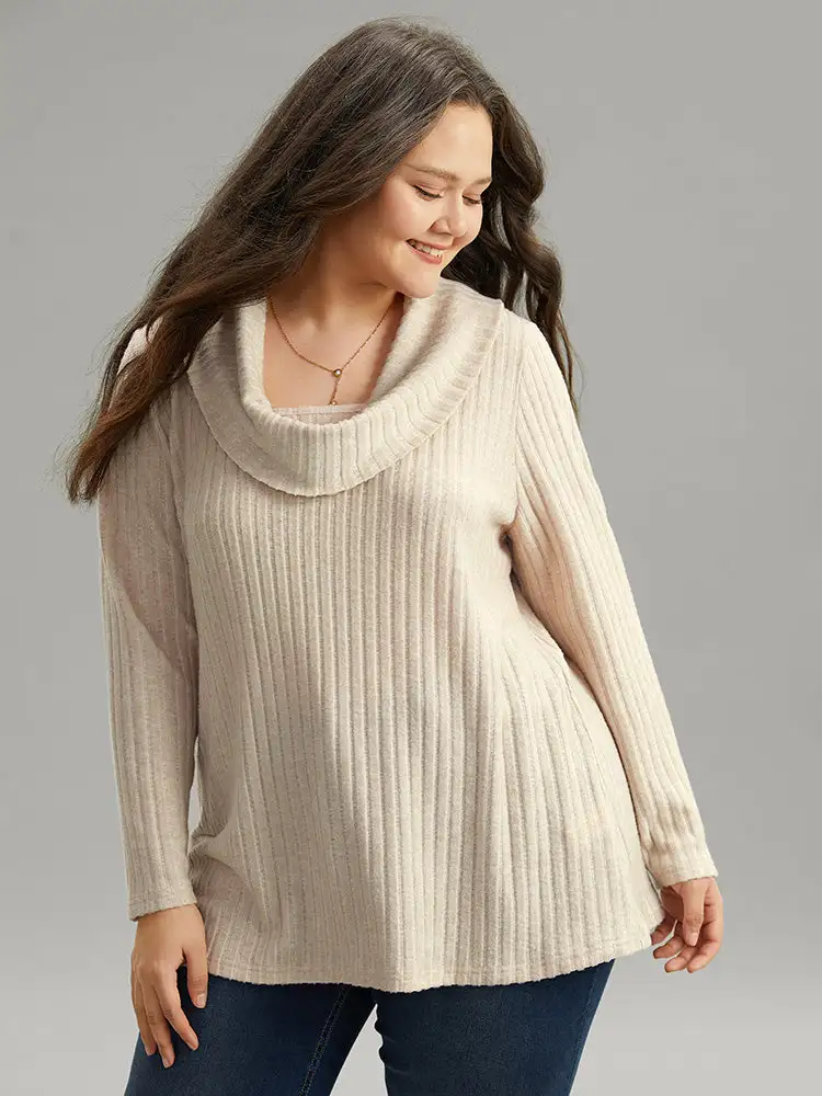 Plain Rib Knit Cowl Neck T-Shirt