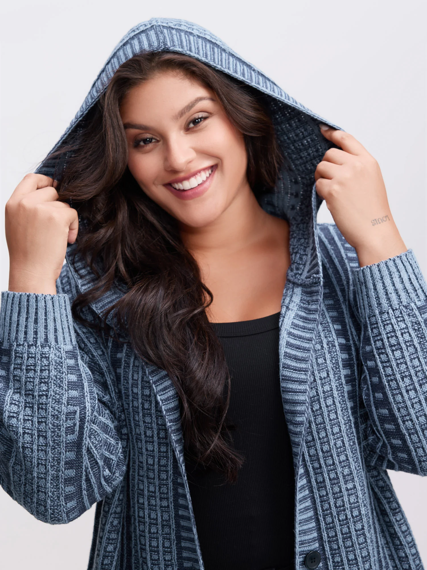 Hooded Textured Pockets Drop Shoulder Knit Cardigan