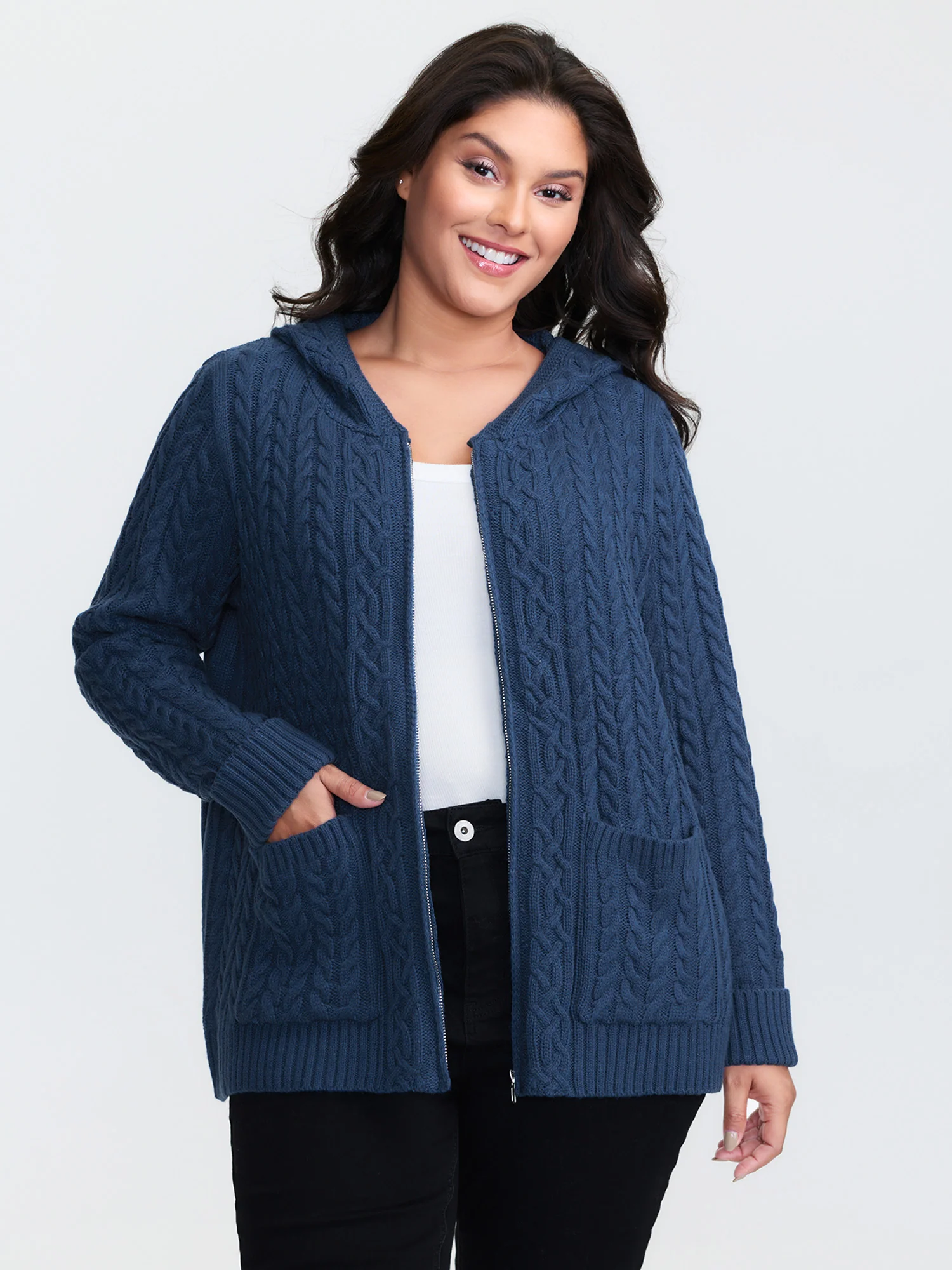Cableknit Zipper Hooded Knit Cardigan