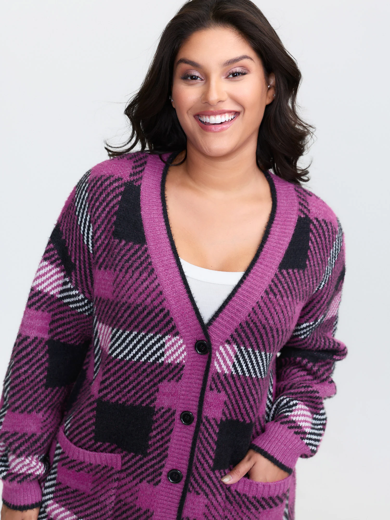 Fuzzy Plaid Pattern Button Knit Cardigan