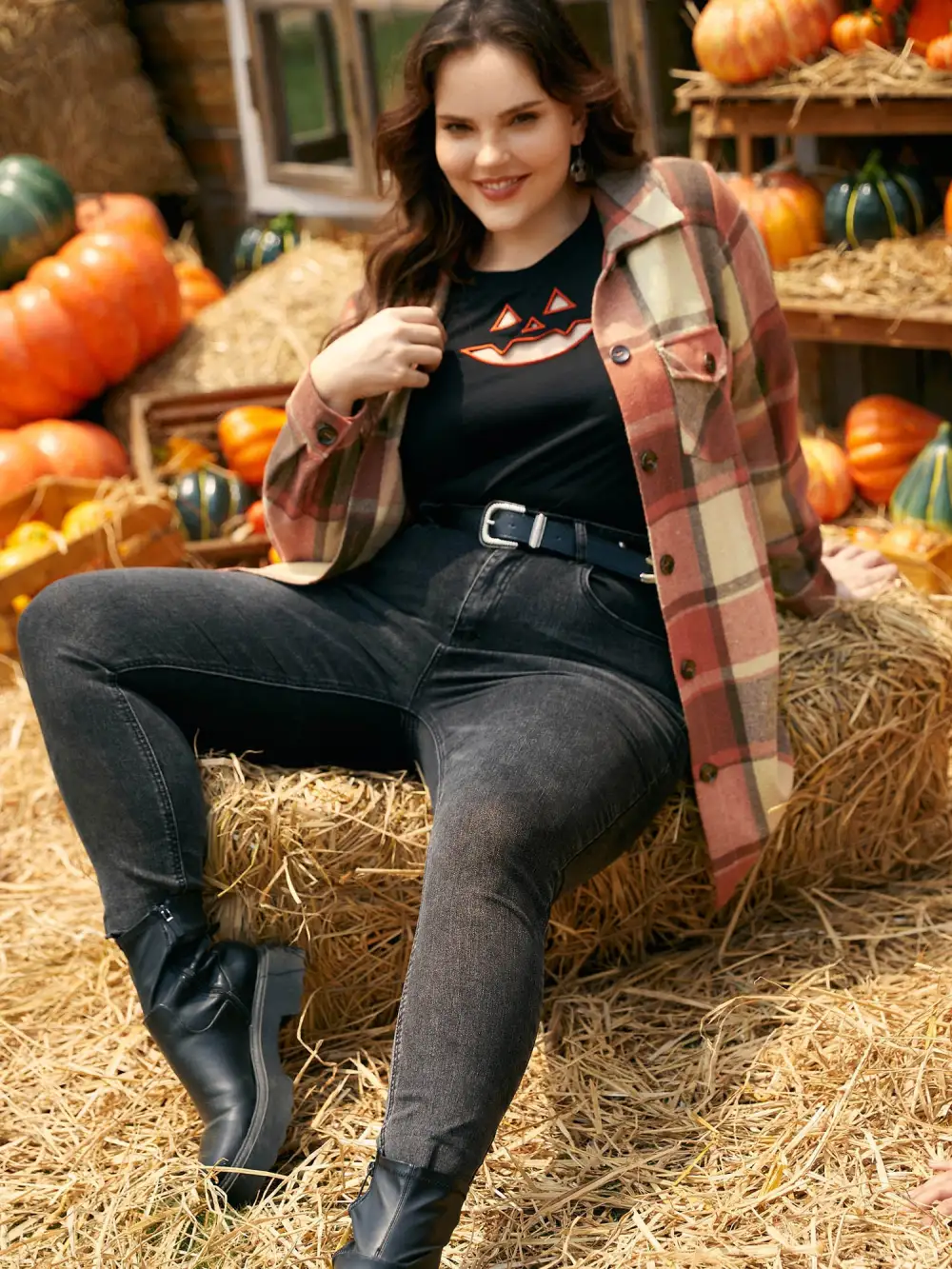 Halloween Plaid Chest Pockets Long Jacket