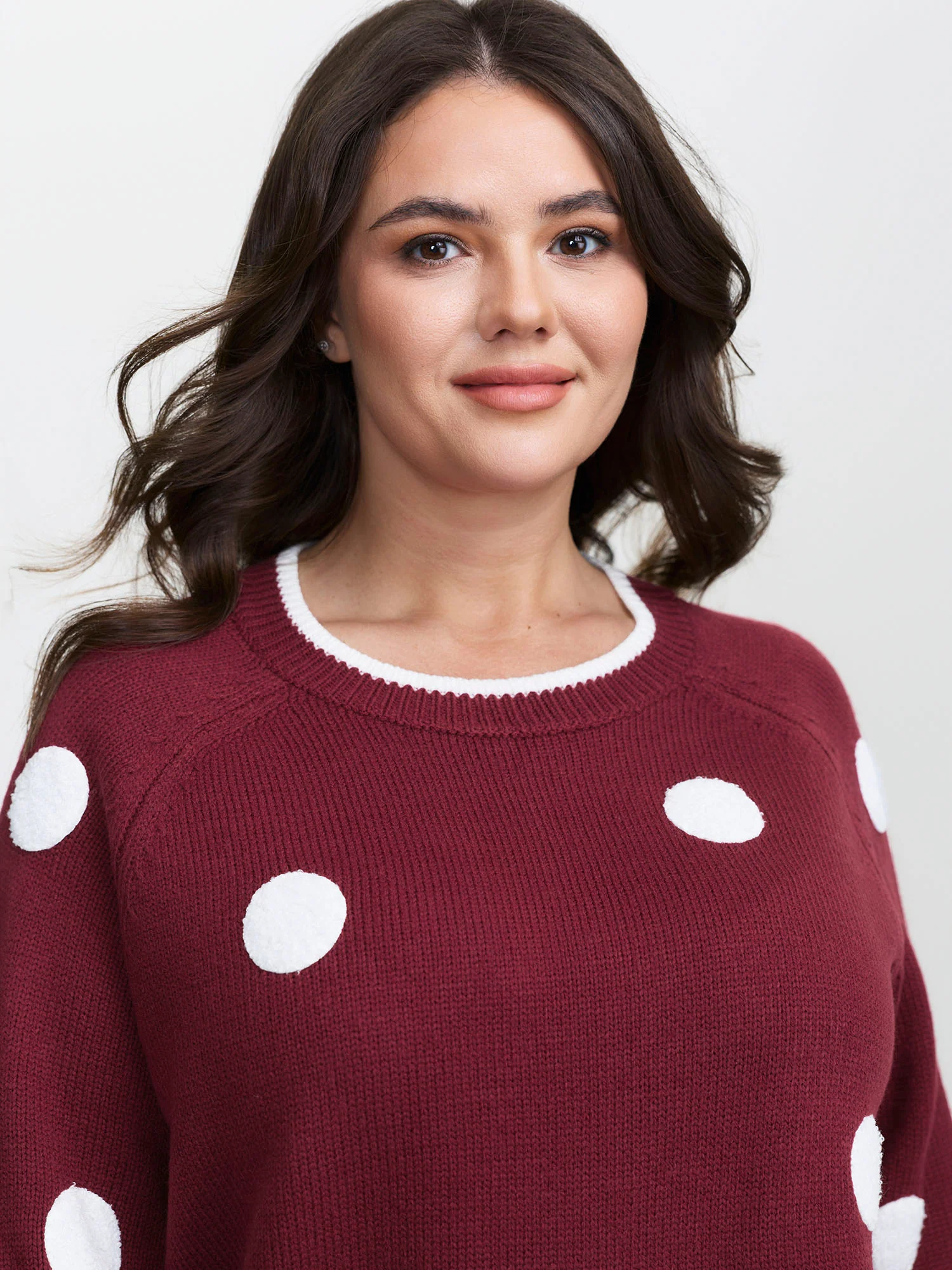 Polka Dots Textured Raglan Sleeve Pullover