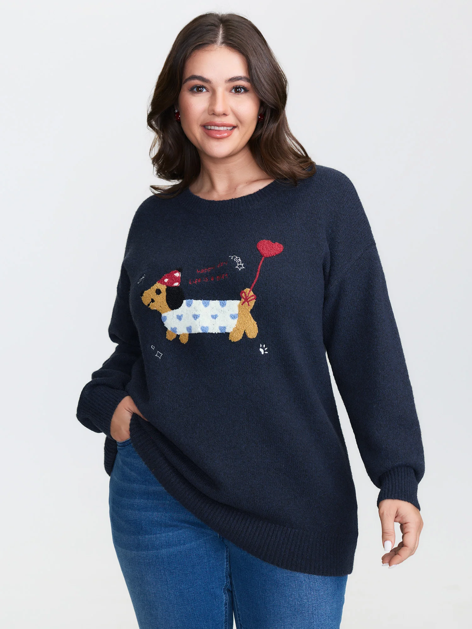 Happy Day Embroidered Motif Drop Shoulder Pullover
