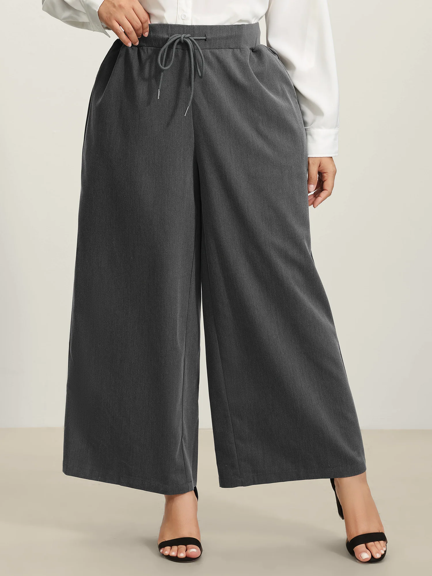 Heather Drawstring Waist Wide-Leg Pants