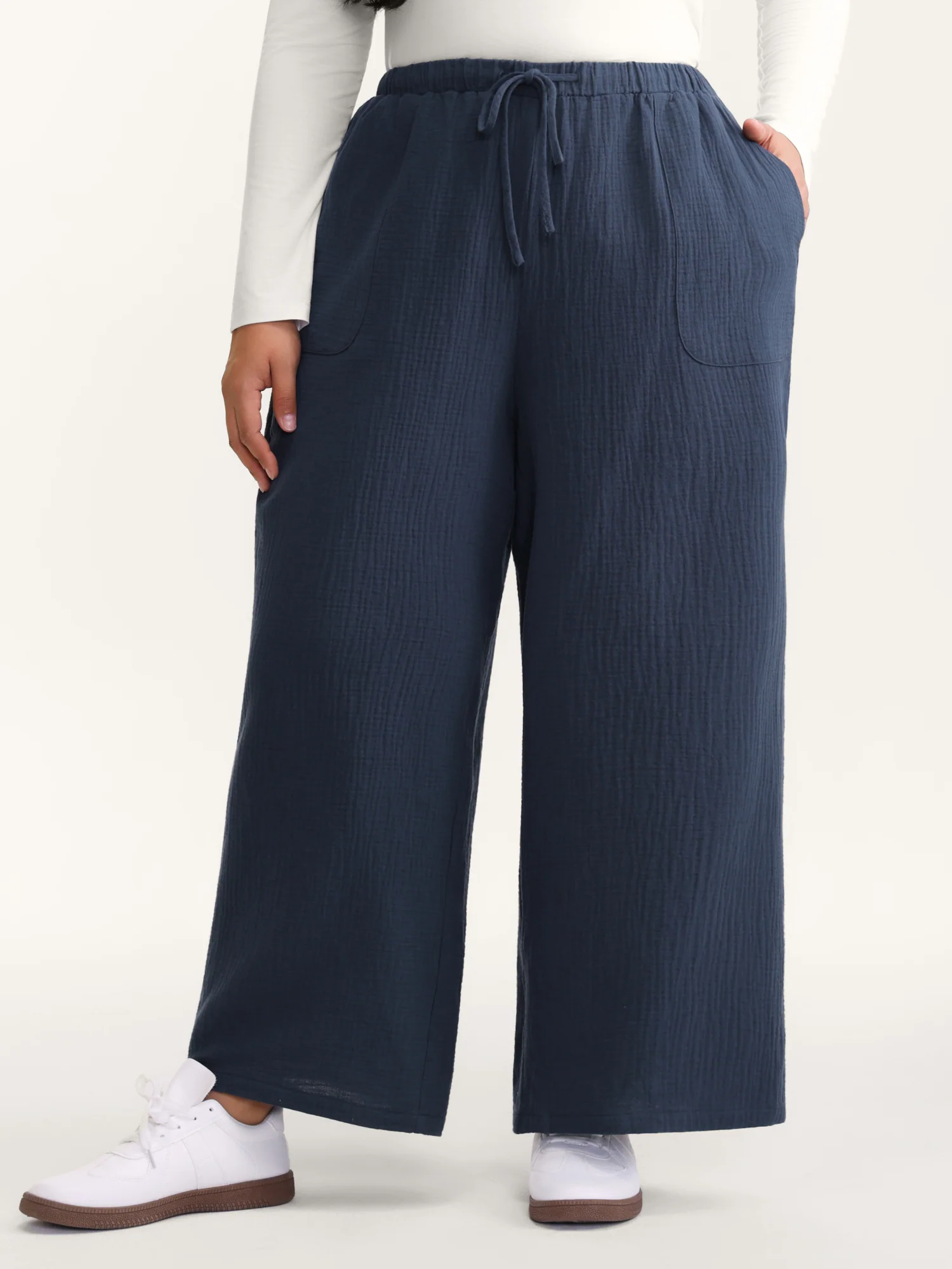 Cotton Textured Waist Drawstring Straight-Leg Pants