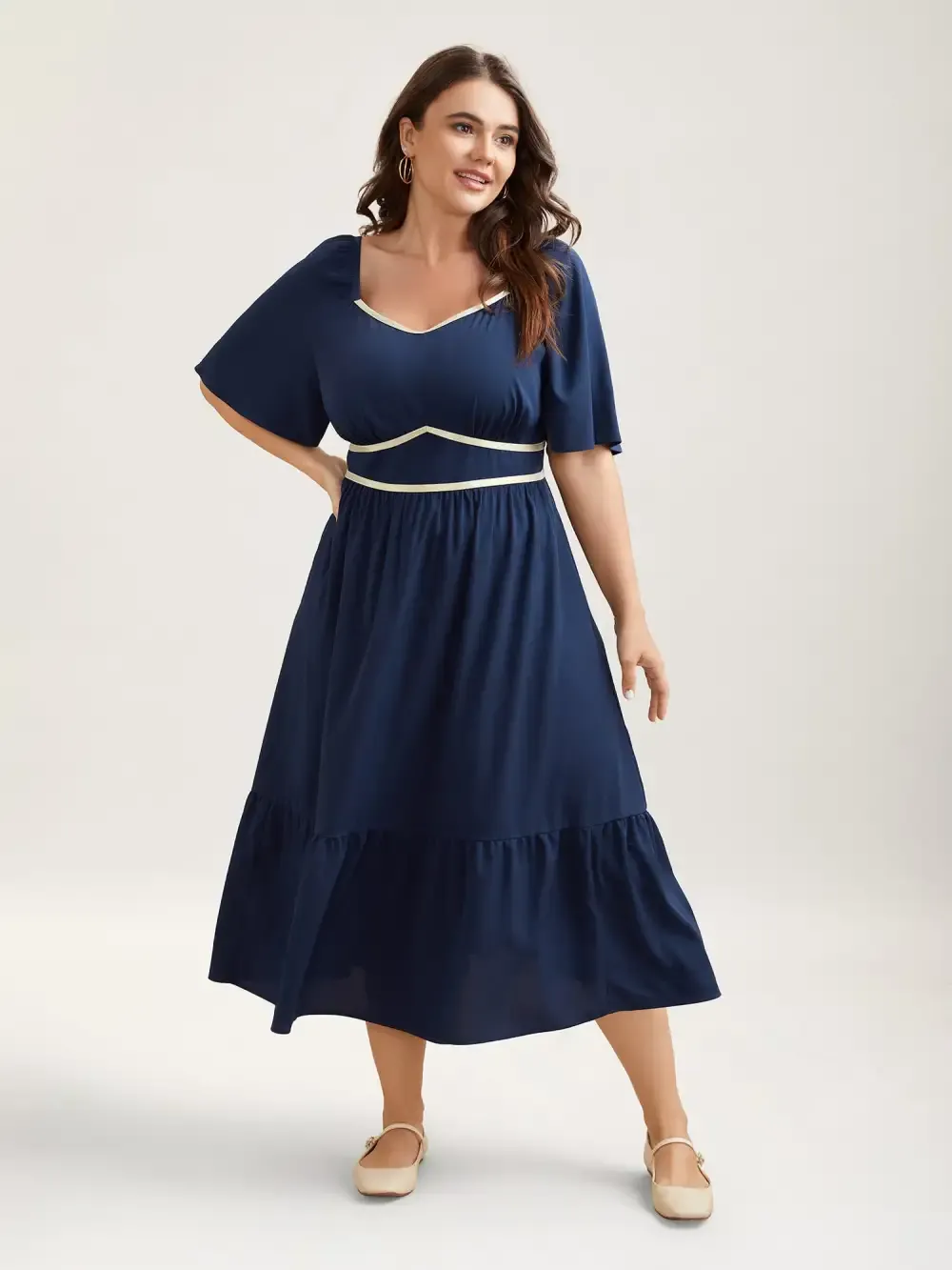 Textured Stretchy Waist Milkmaid Style Midi Dress