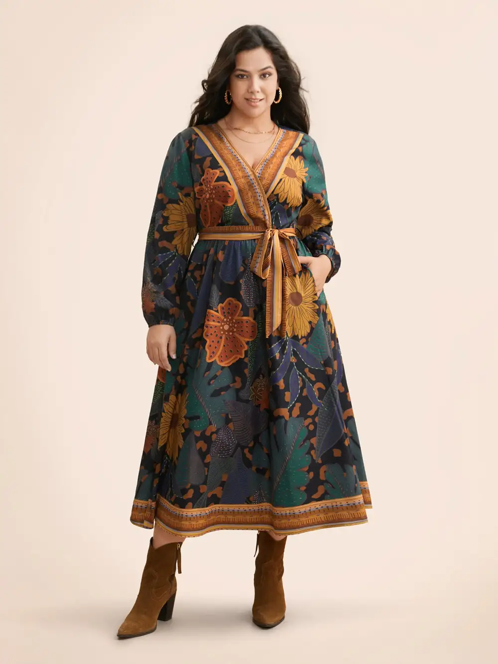 Boho Print Belted Lantern Sleeve Dress