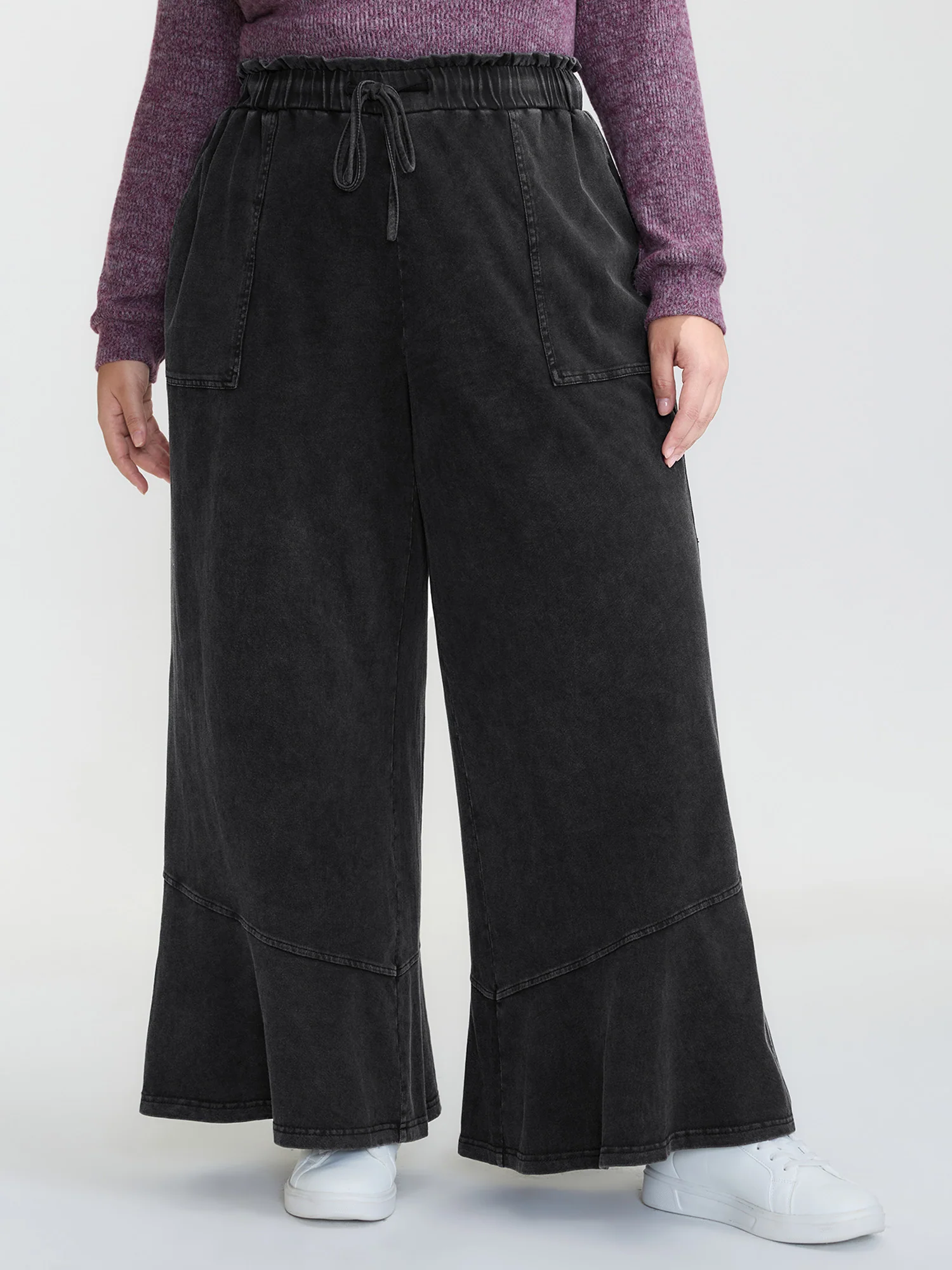 Retro Wash Ruffled Hem Wide-Leg Pants