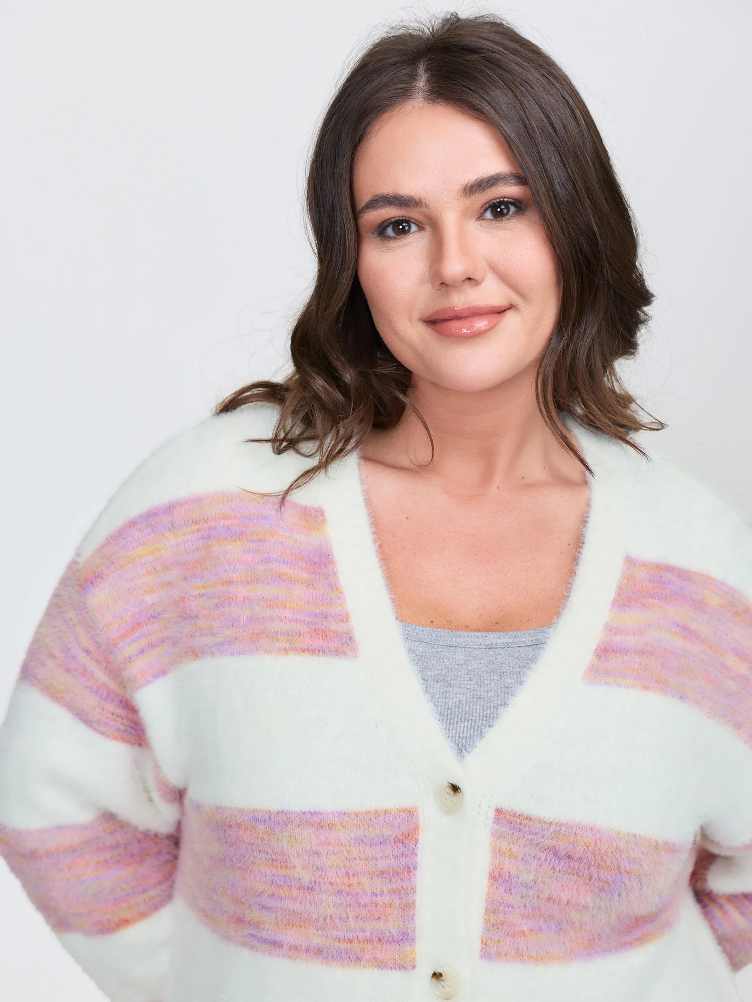 Color Stripes Furry Textured Knit Cardigan