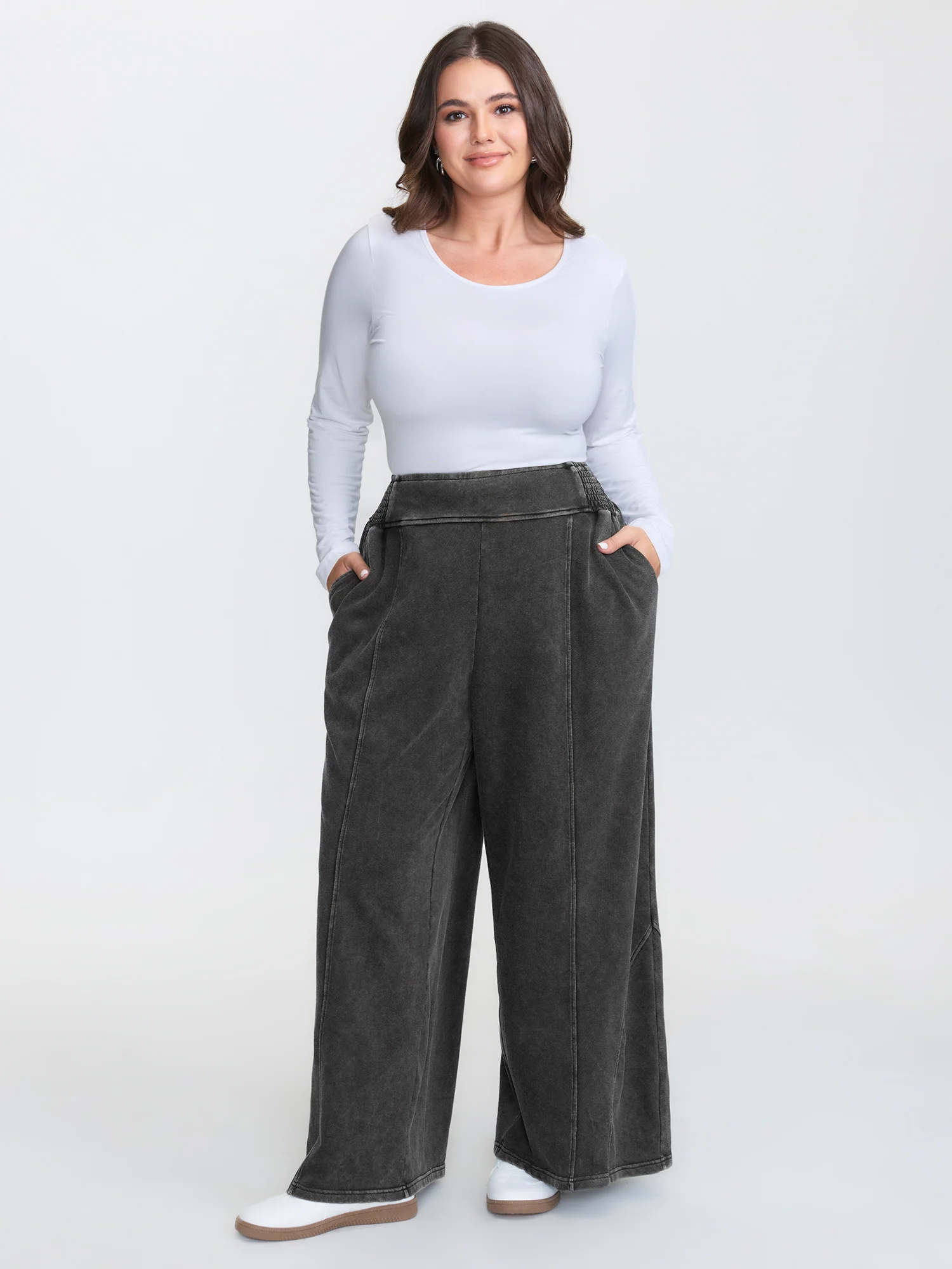 Stretchy Vintage Wash Wide-Leg Pants