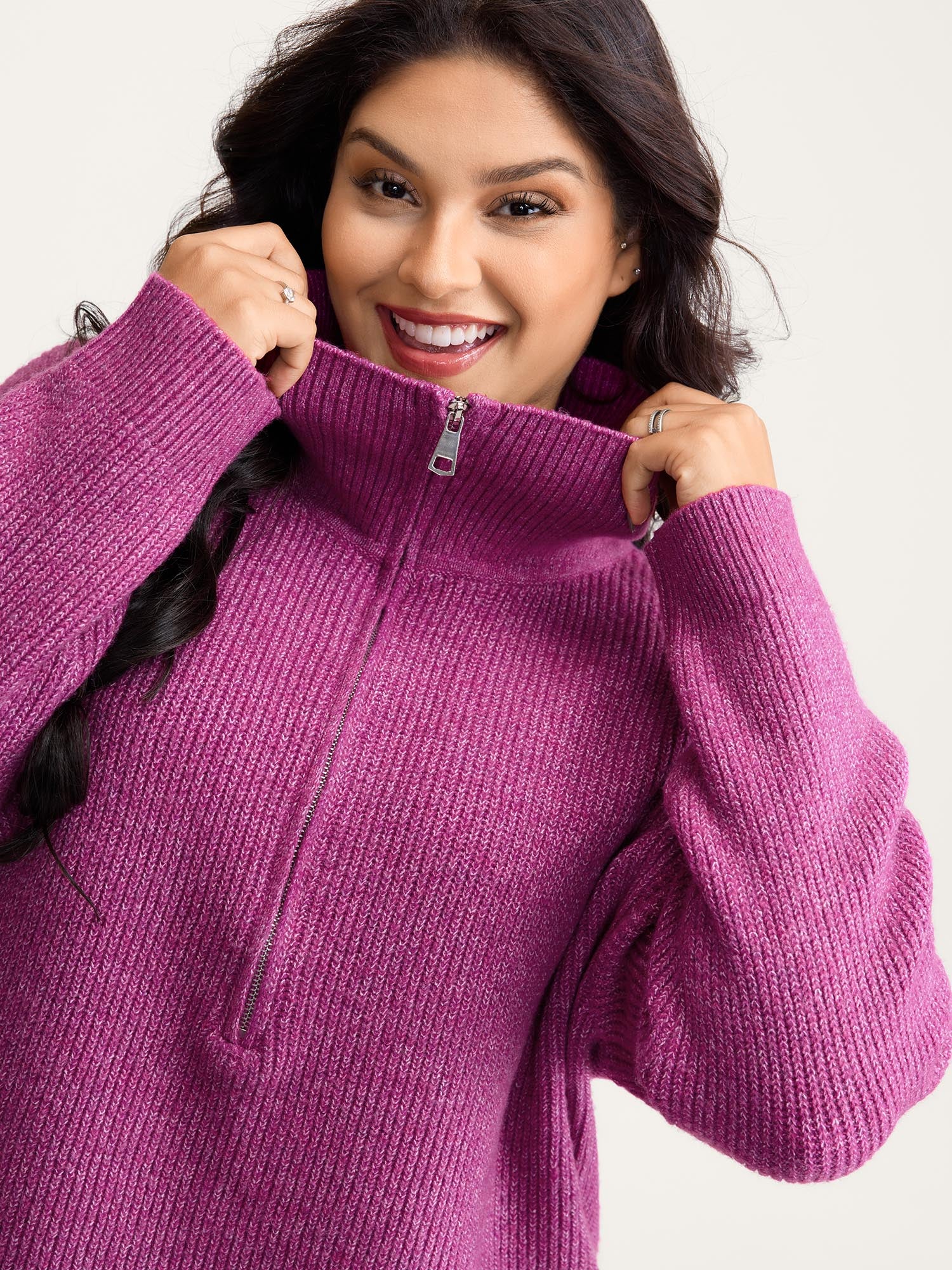 Textured Half Zipper Lapel Collar Pullover
