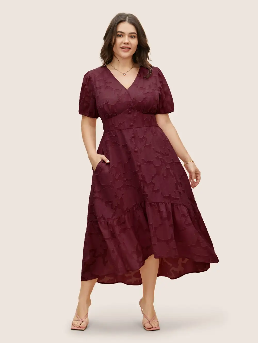 Solid Textured Lantern Sleeve Button Detail Dress