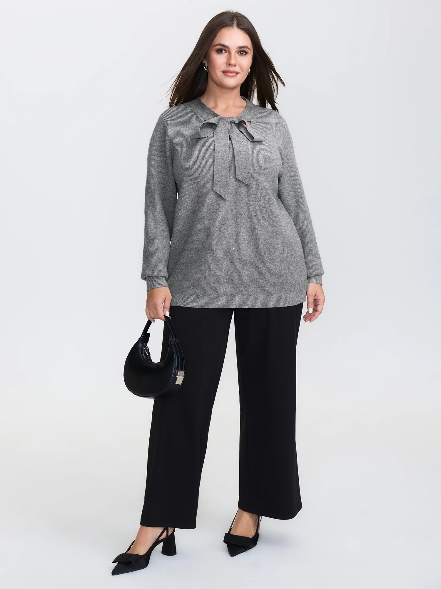Supersoft Bowknot Neckline Ribbed Cut-Out Pullover