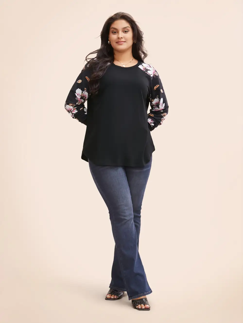 Floral Patchwork Crew Neck Raglan Sleeve Sweatshirt