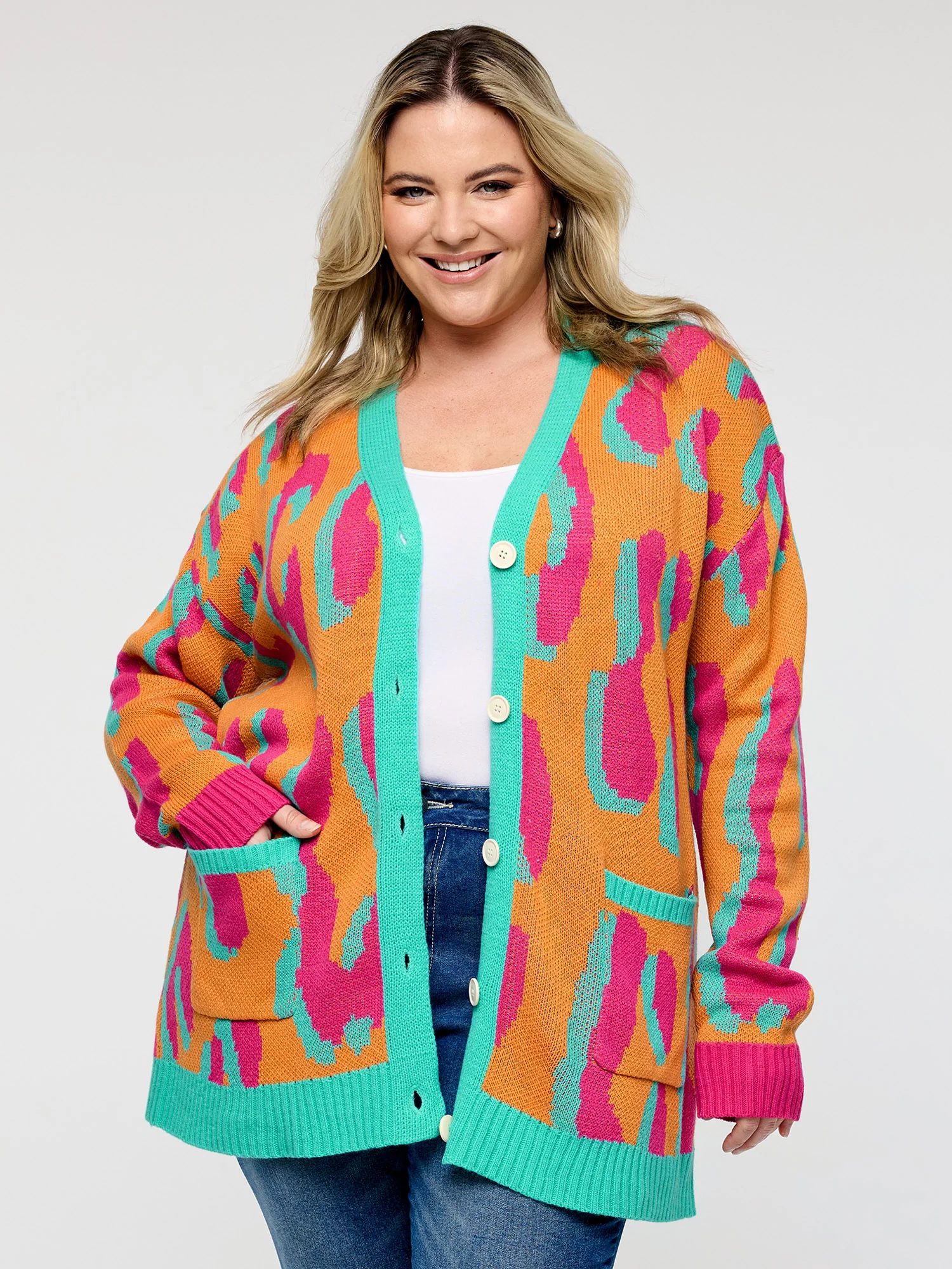Colorful Leopard Button Pockets Knit Cardigan