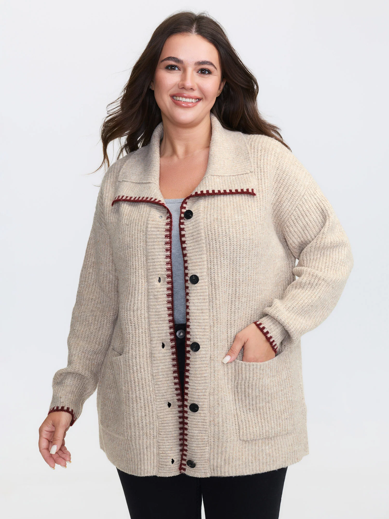 Textured Contrast Edged Pockets Knit Cardigan