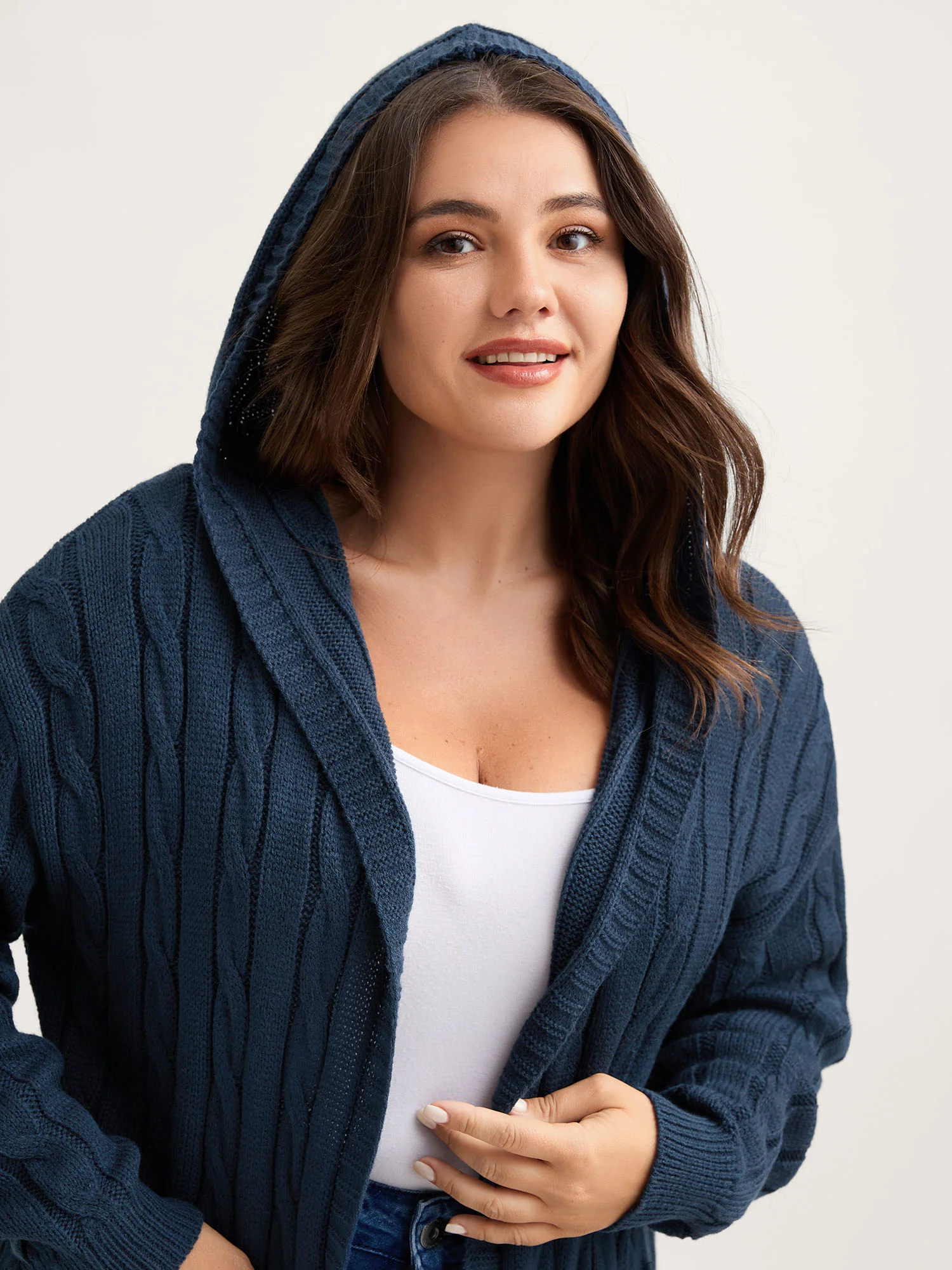 Cable Knit Hooded Long Knit Cardigan