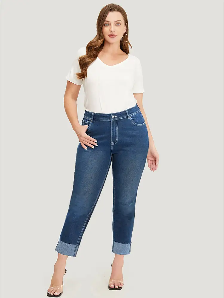 Straight Leg Very Stretchy High Rise Dark Wash Roll Hem Jeans