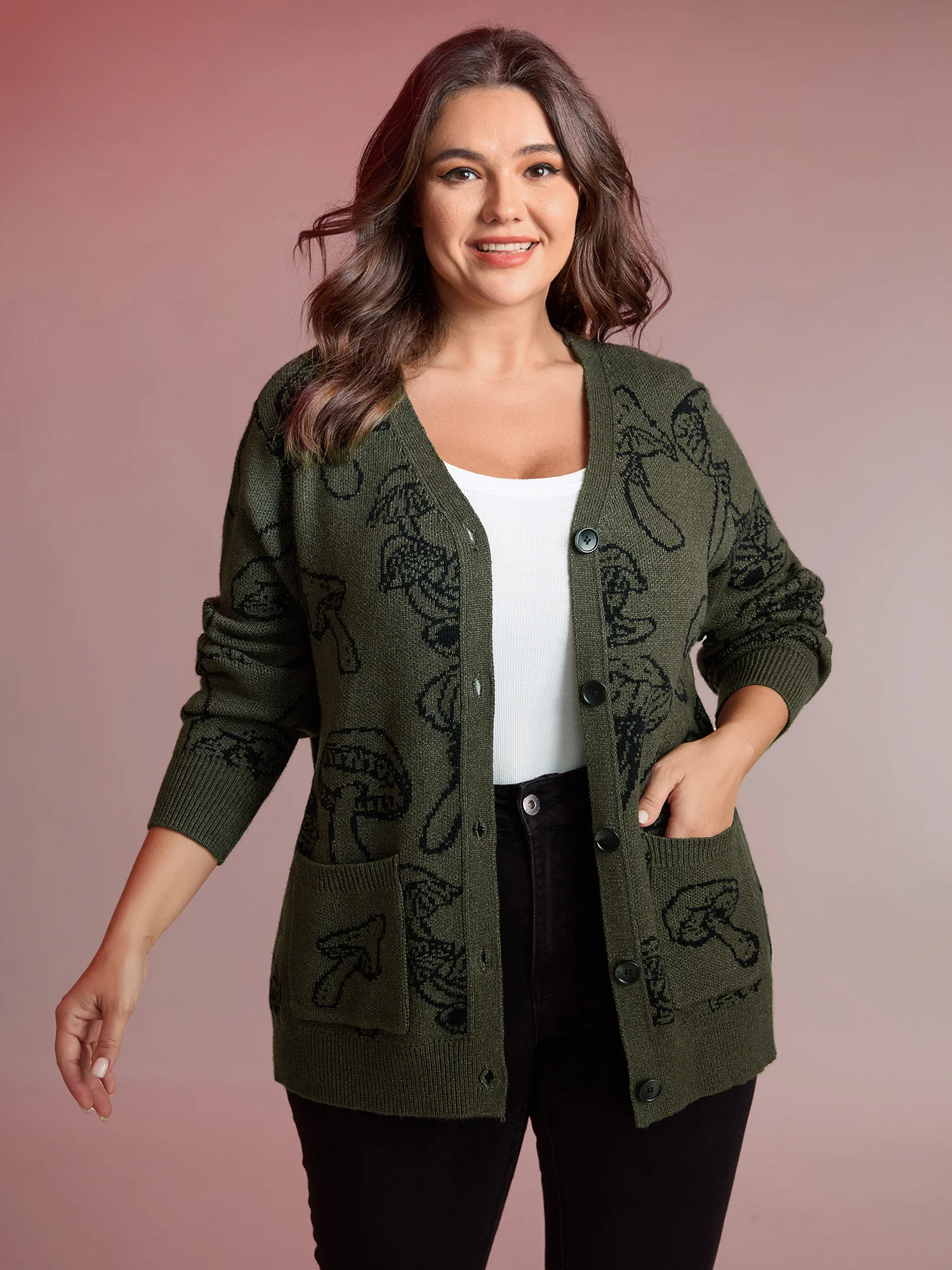 Supersoft Mushroom Print Button-Down Cardigan