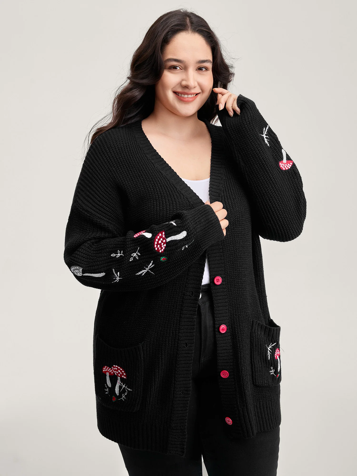 Mushroom Embroidery Textured Button Cardigan