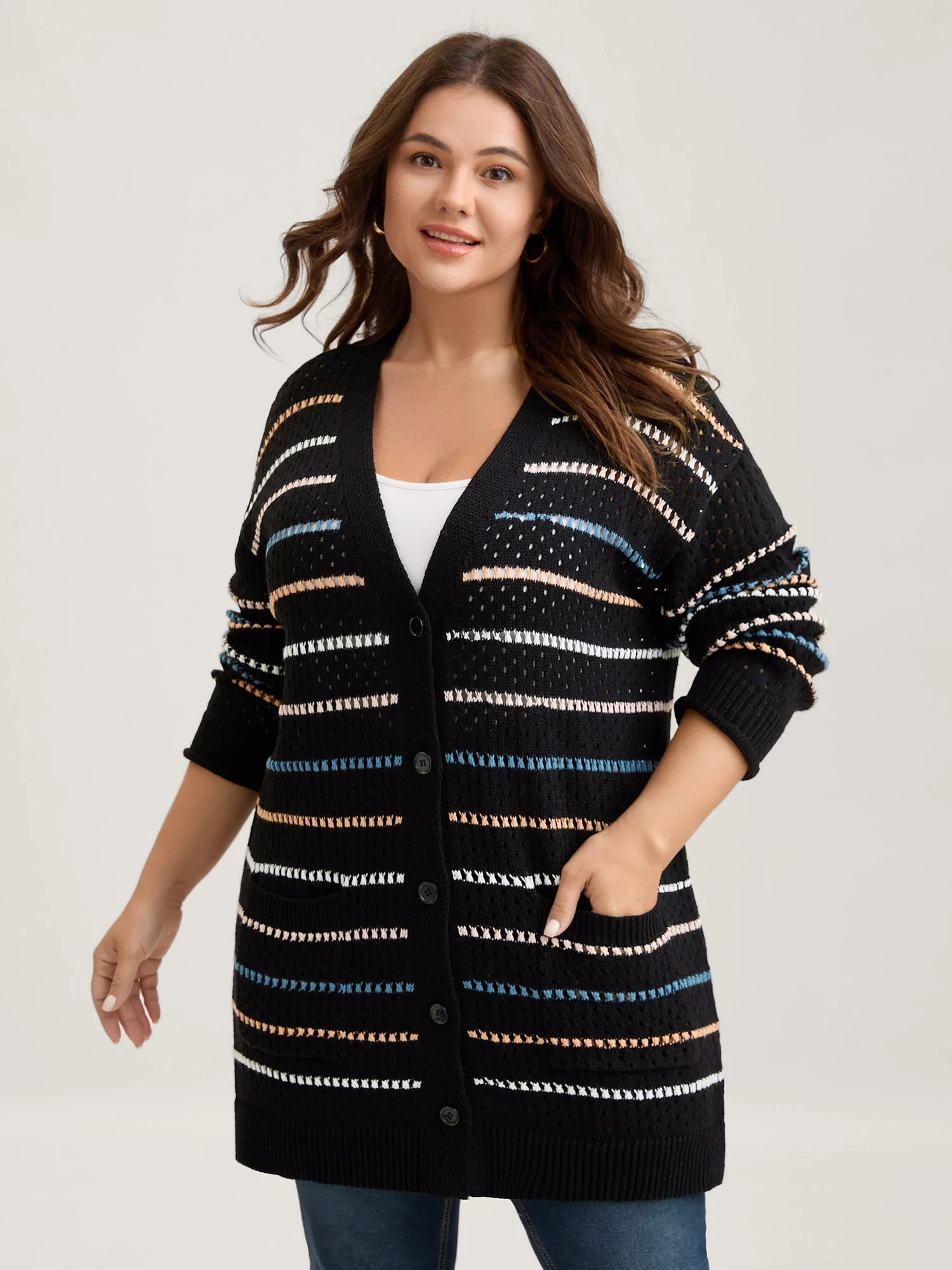 Colorful Stripes Button Detail Knit Cardigan