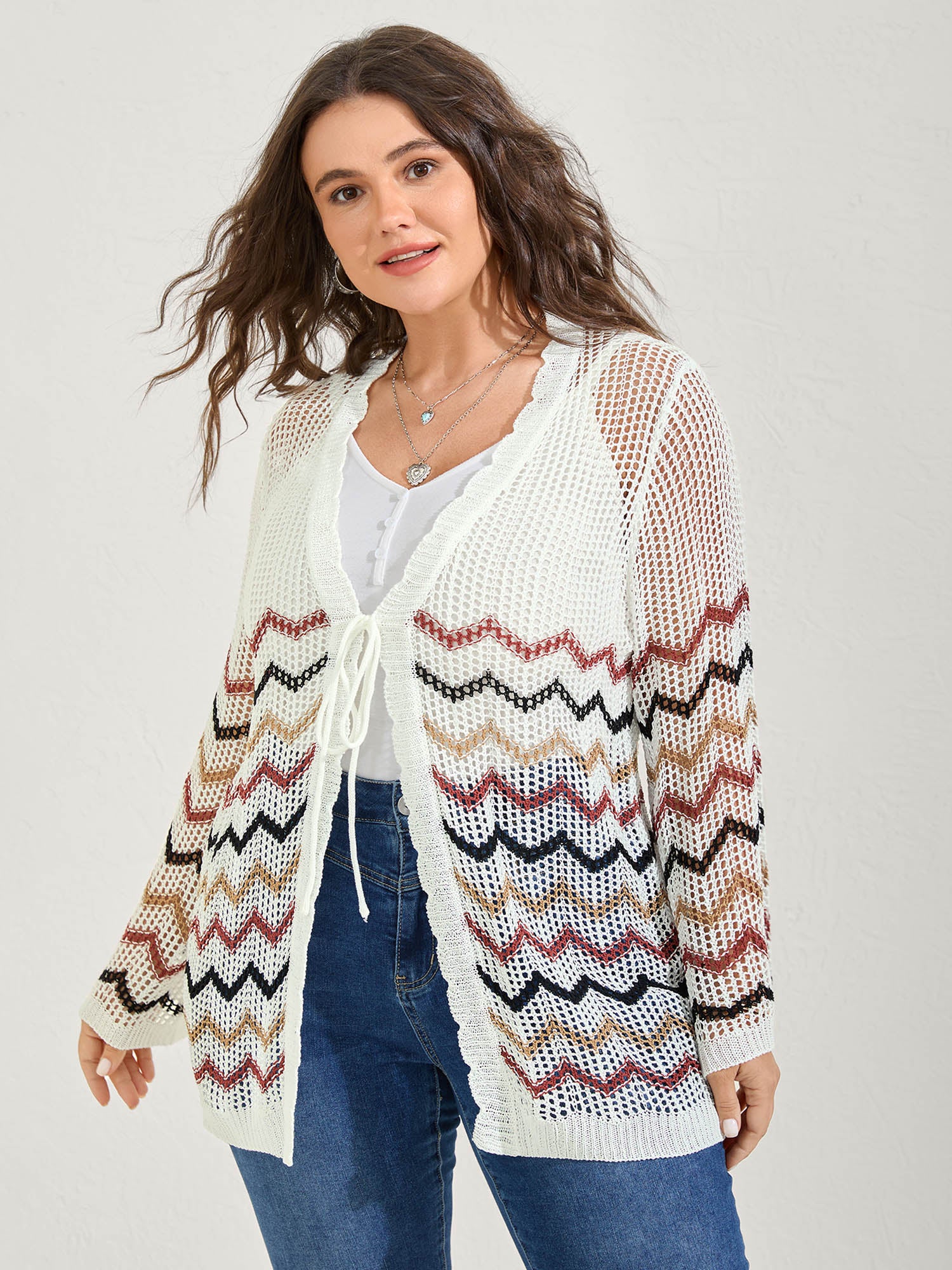 Irregular Stripes Front Double Tie Lightweight Cardigan