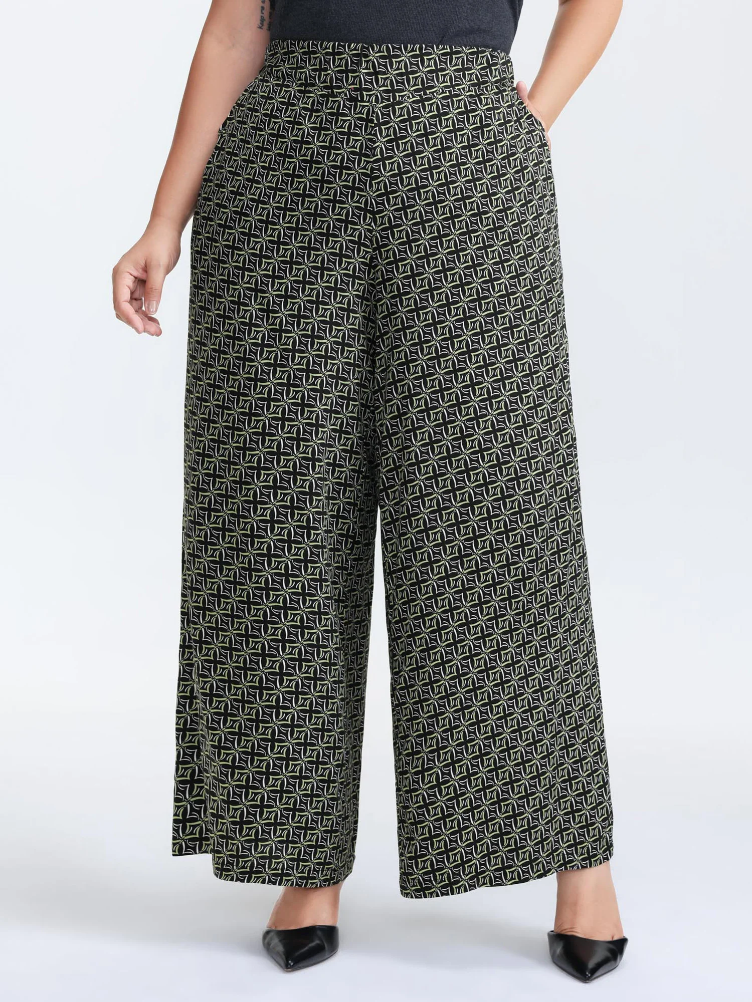 Geometric Print Stretchy Waist Wide-Leg Pants