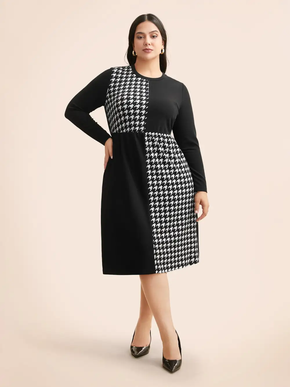 Houndstooth Patchwork Elastic Waist Dress