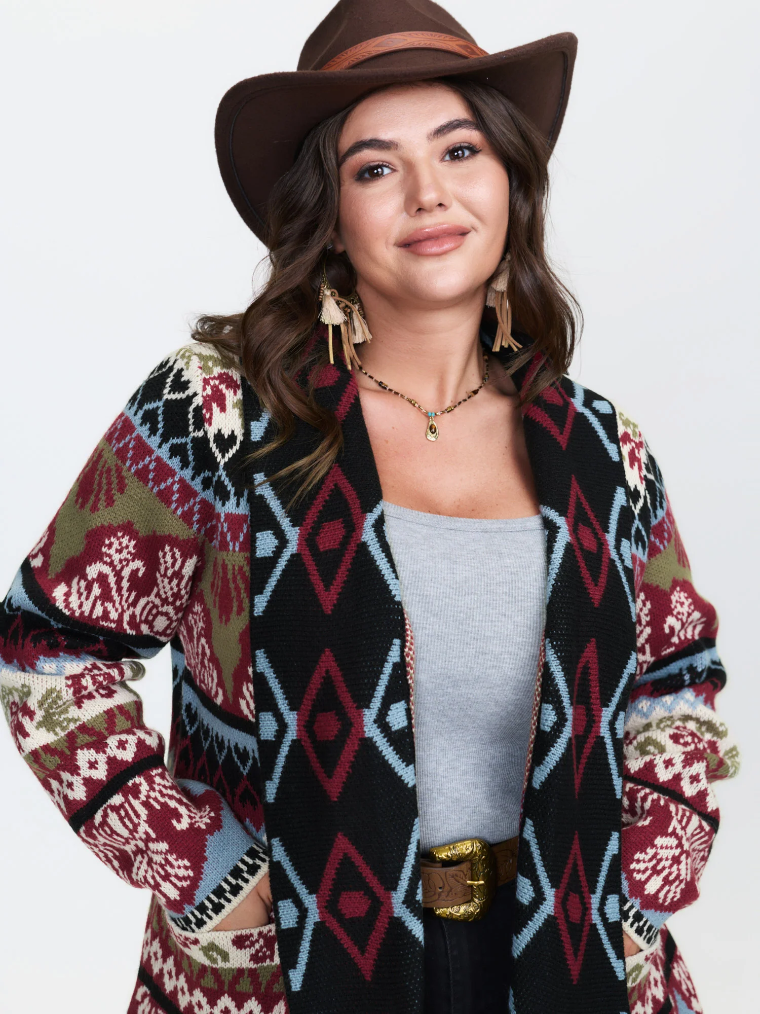 Fair-Isle Pattern Jacquard Fringes Knit Cardigan