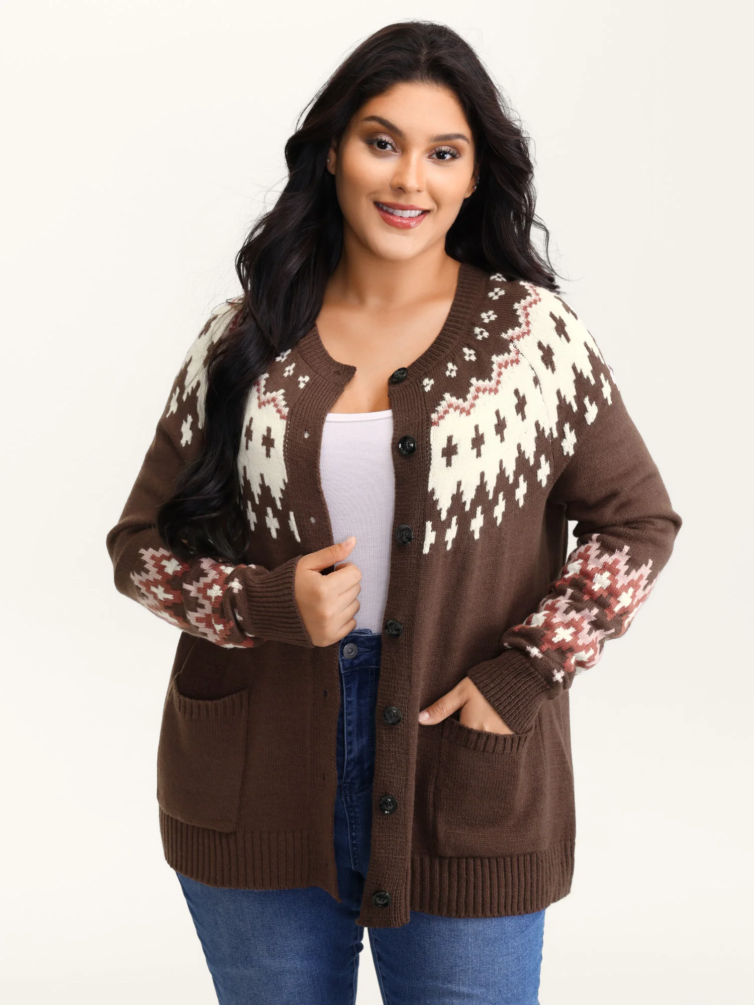 Fair-Isle Yoke Button Knit Cardigan