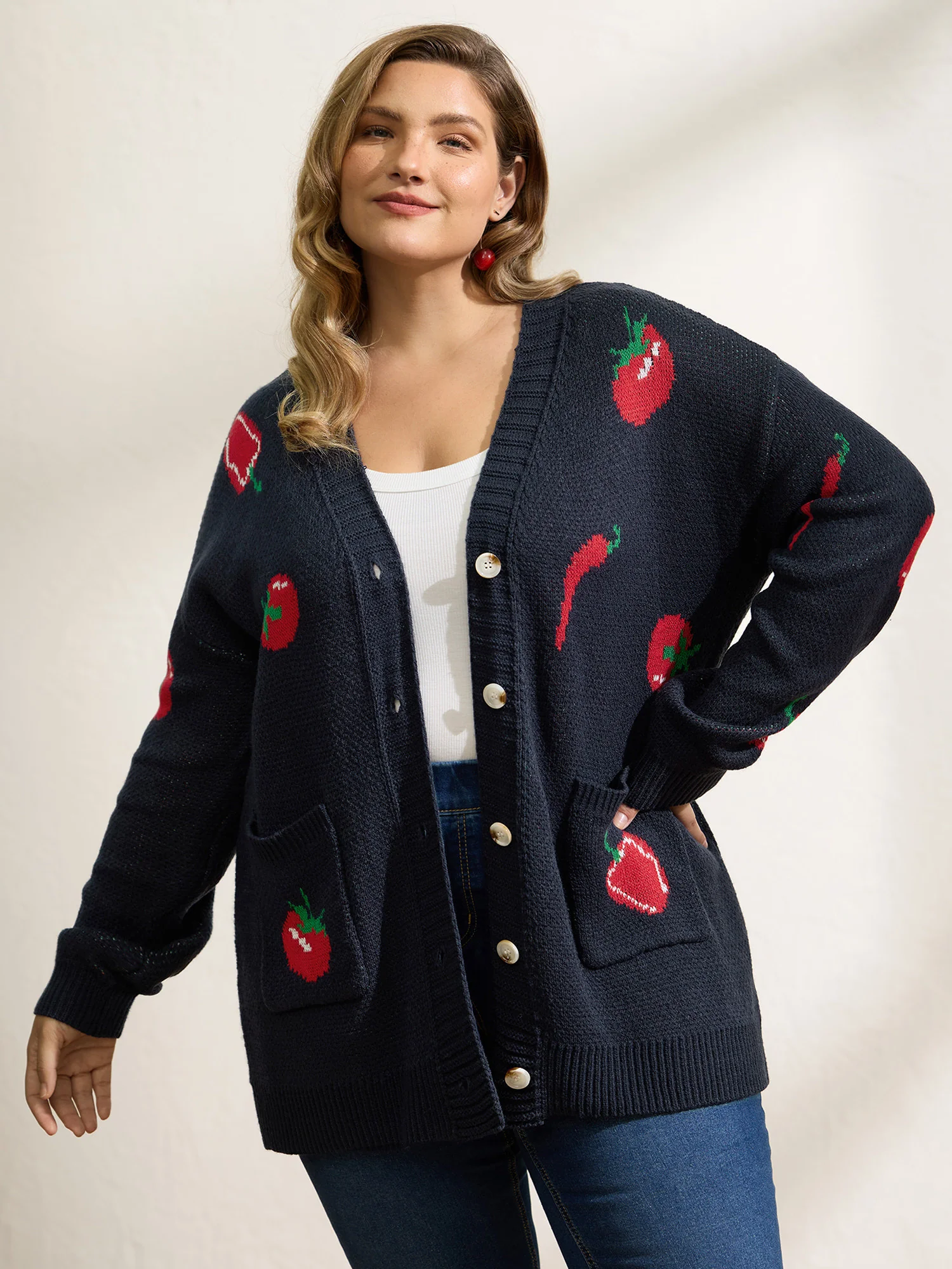 Tomato Chili Print Button Knit Cardigan