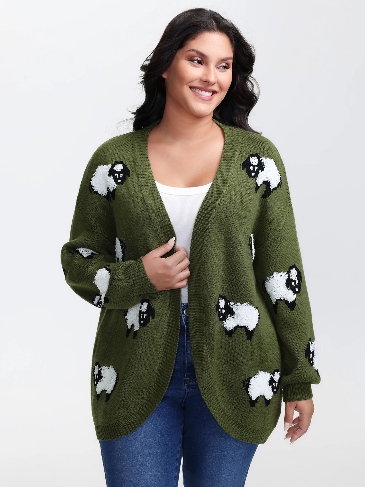 Flocked Lamb Curvy Hem Jacquard-Knit Cardigan