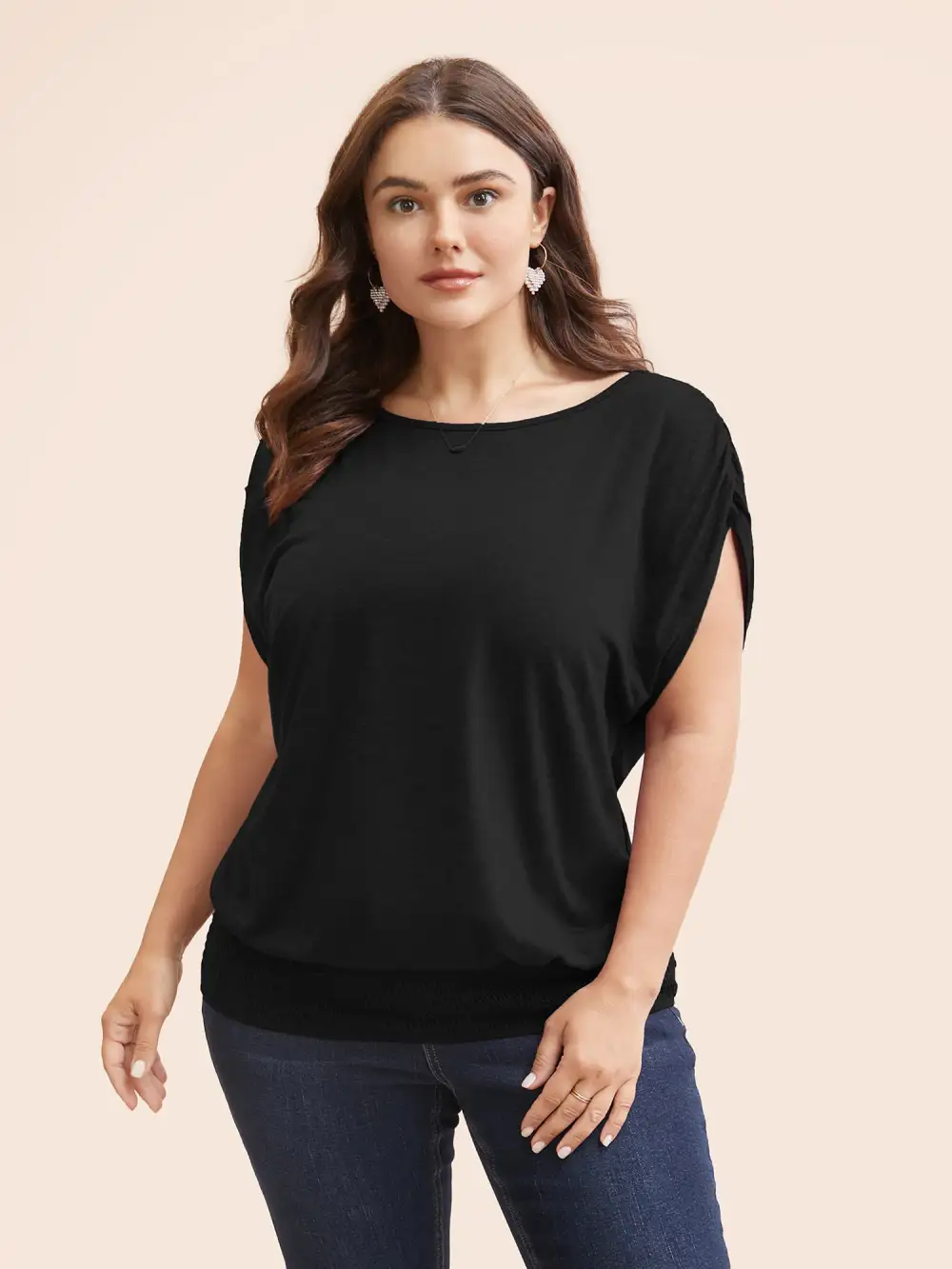 Solid Ruched Batwing Sleeve Shirred Hem T-Shirt