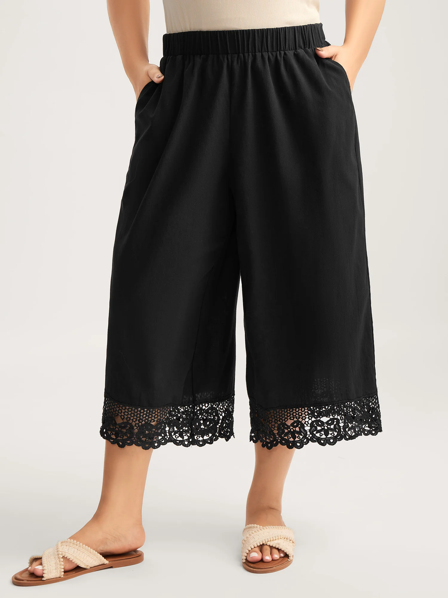 Cotton Scalloped Lace Hem Wide-Leg Pants