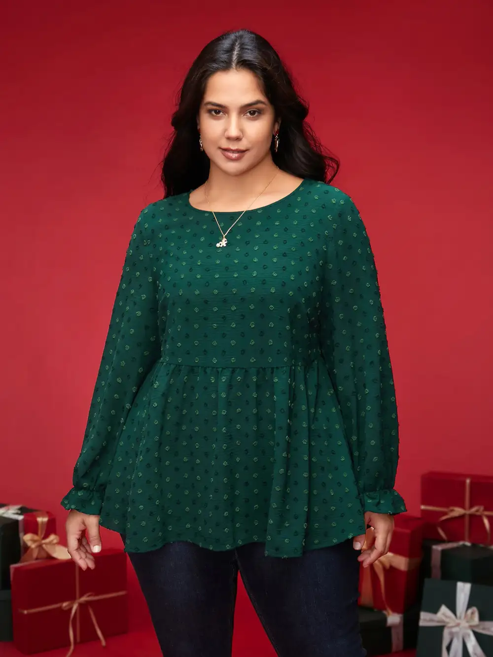 Textured Dot Elastic Cuffs A-Line Blouse