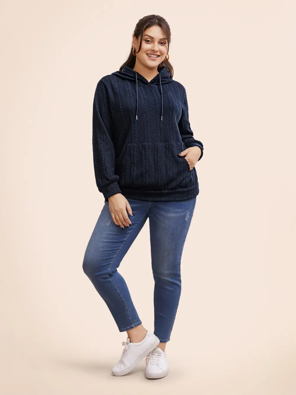 Solid Cable Knit Hooded Drawstring Sweatshirt