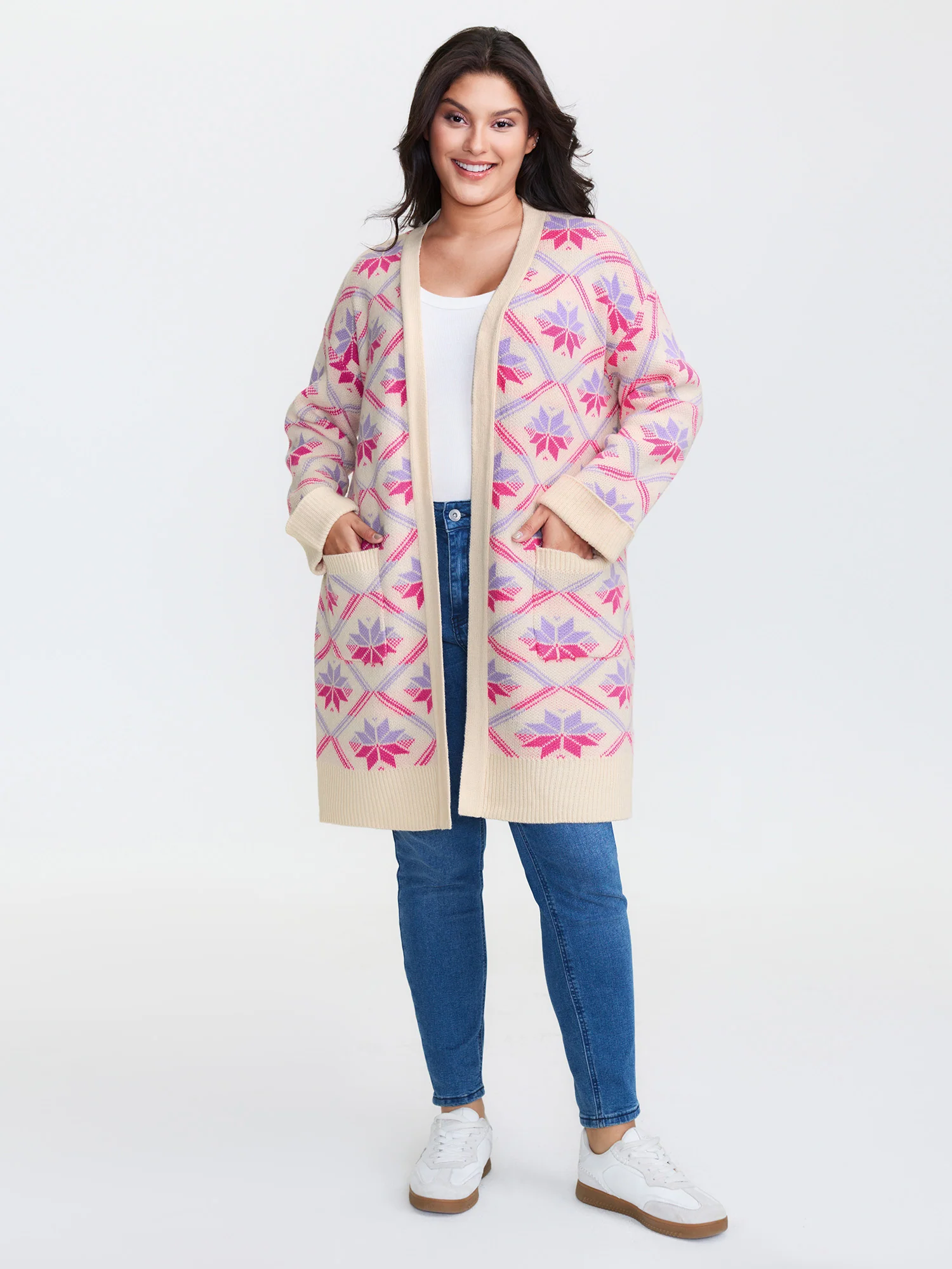 Geometric Snowflake Pattern Pockets Knit Cardigan