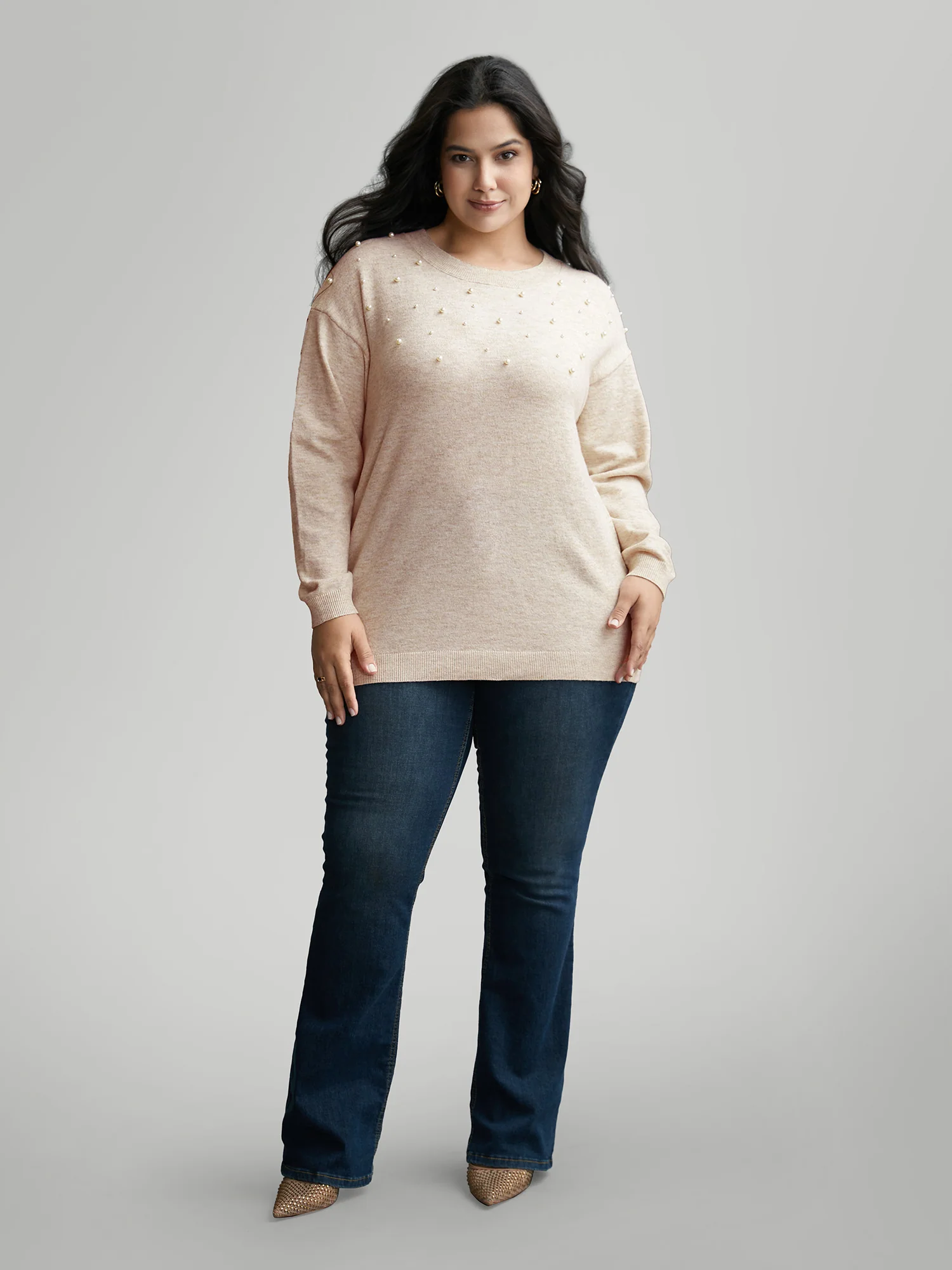 Round Neck Pearl Beaded Pullover