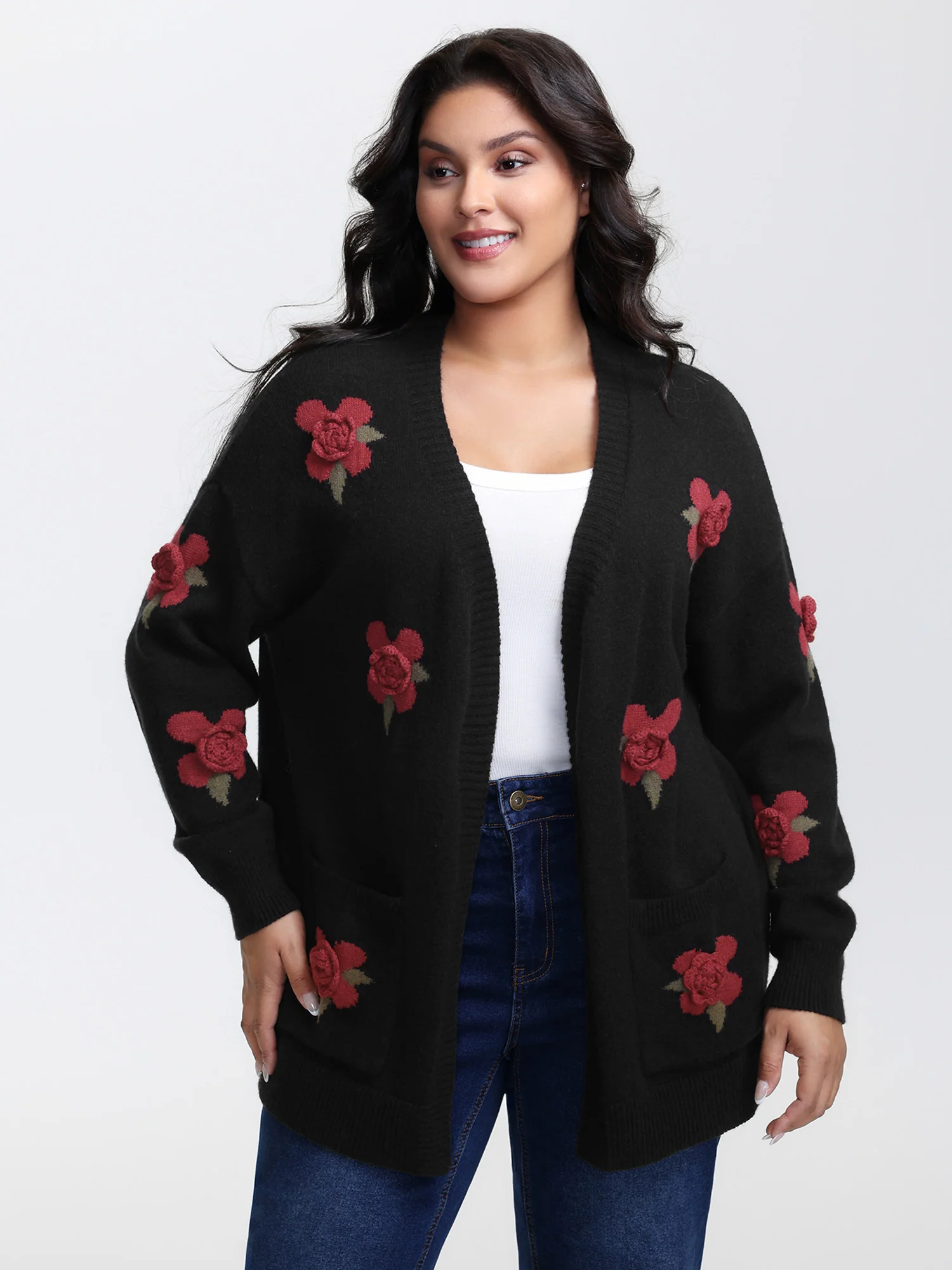 3D Floral Pattern Pockets Knit Cardigan