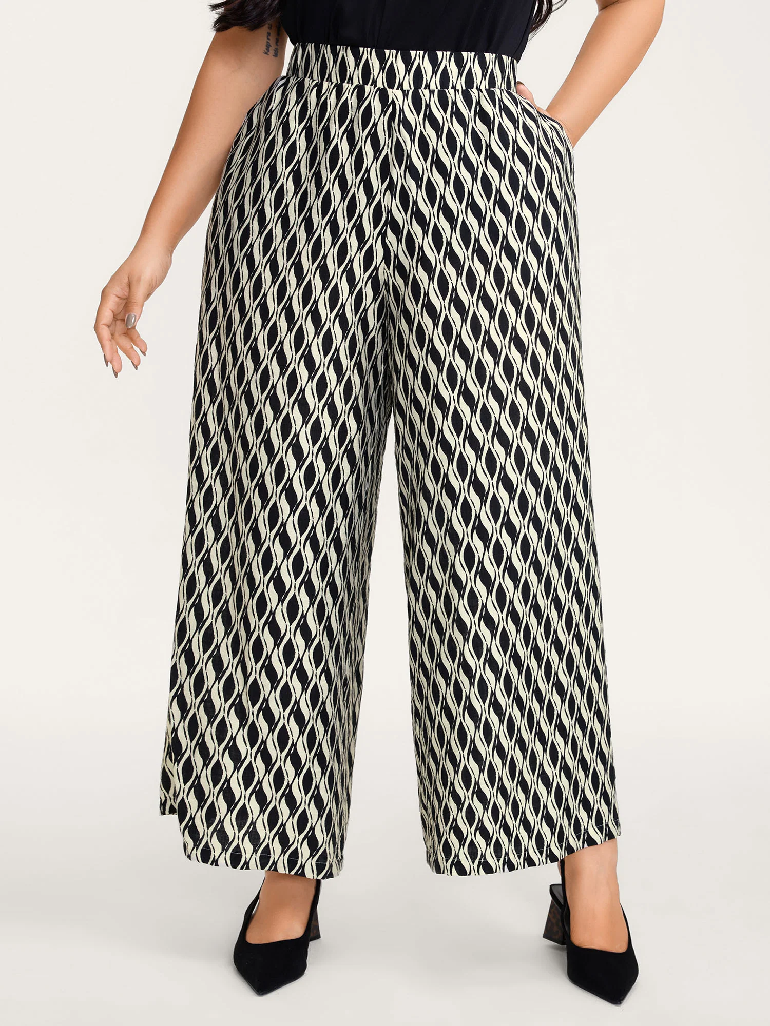 Geometric Print Stretchy Waist Wide-Leg Pants