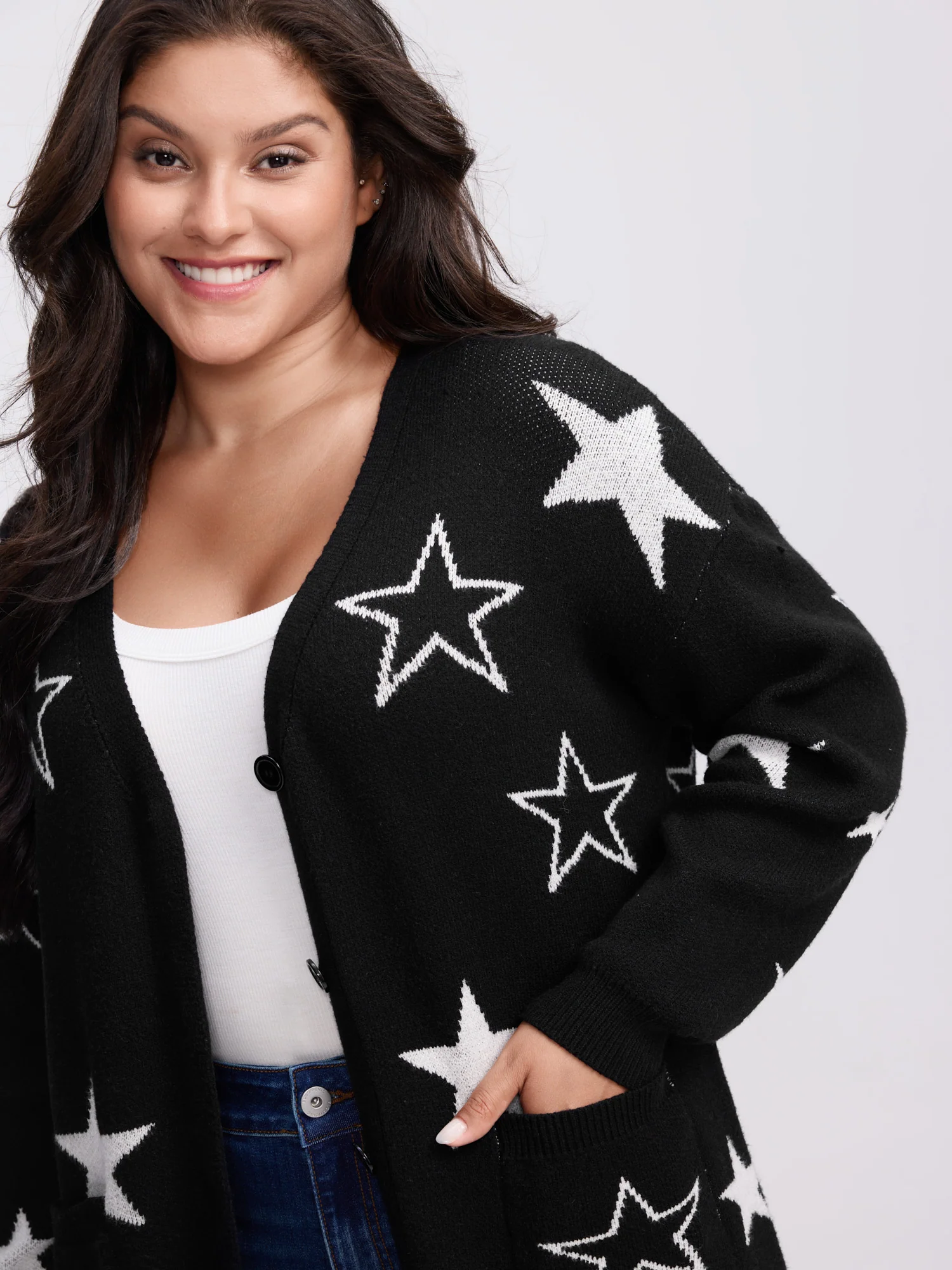 Supersoft Star Jacquard Pockets Button Knit Cardigan