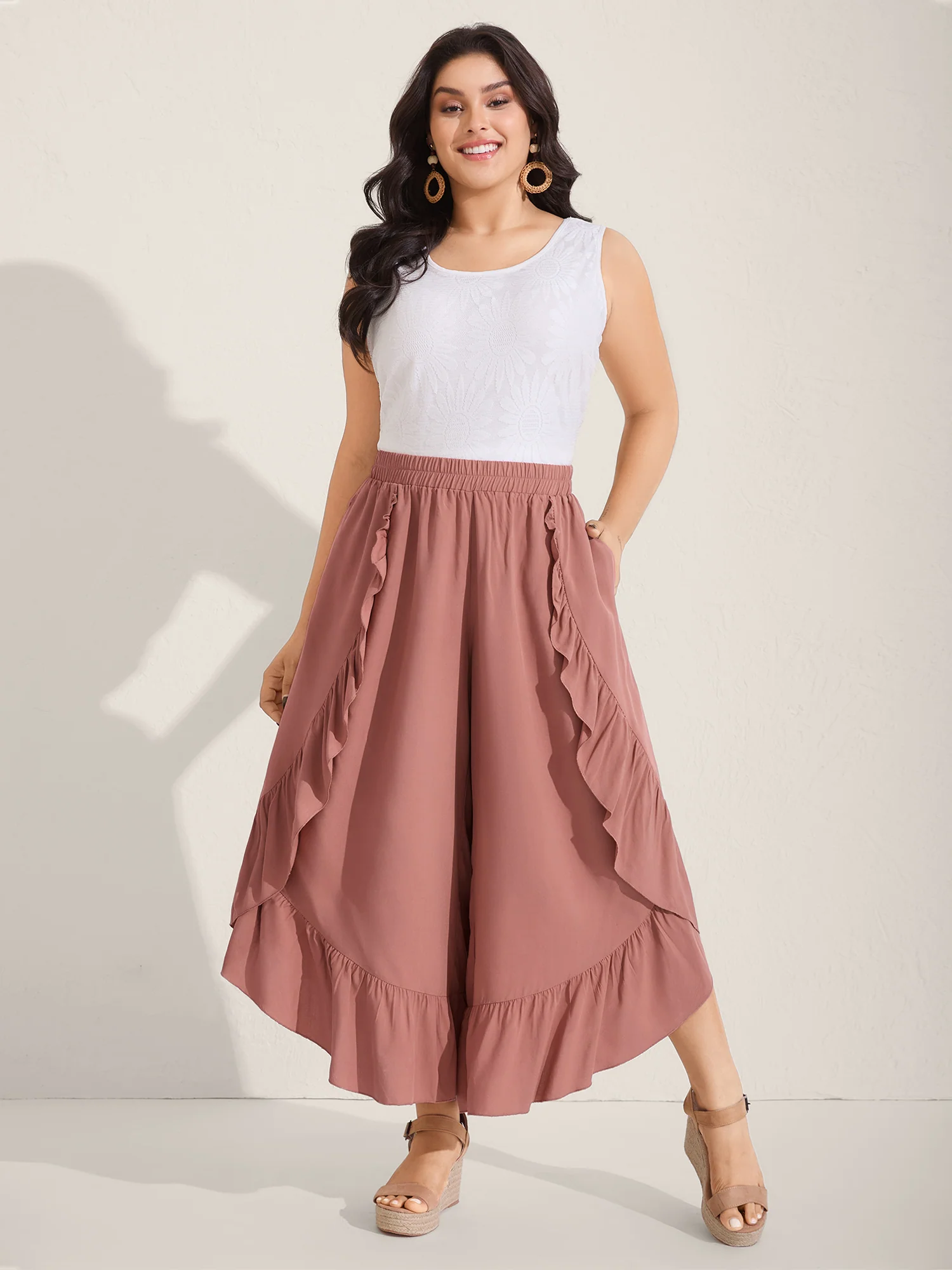 Lotus Leaf Edge Solid Wide-Leg Pants